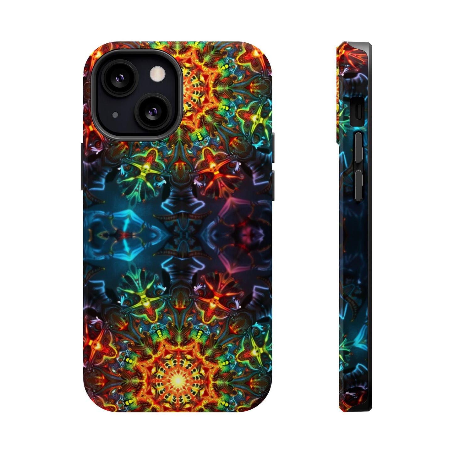 iPhone case with vibrant abstract kaleidoscope design and protective dual-layer construction