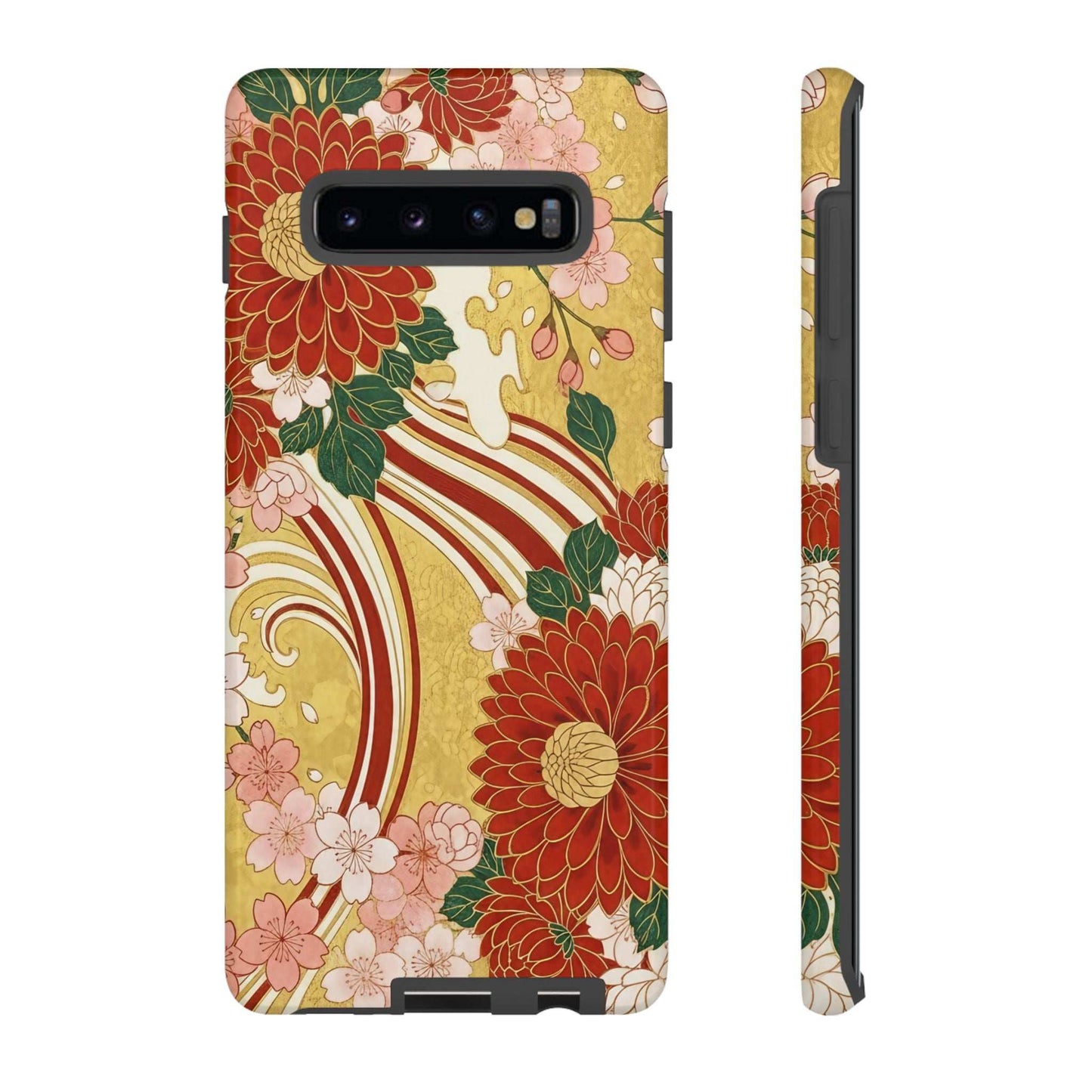 Samsung Case with Japanese floral gold chrysanthemum design, durable and impact-resistant protection for phone