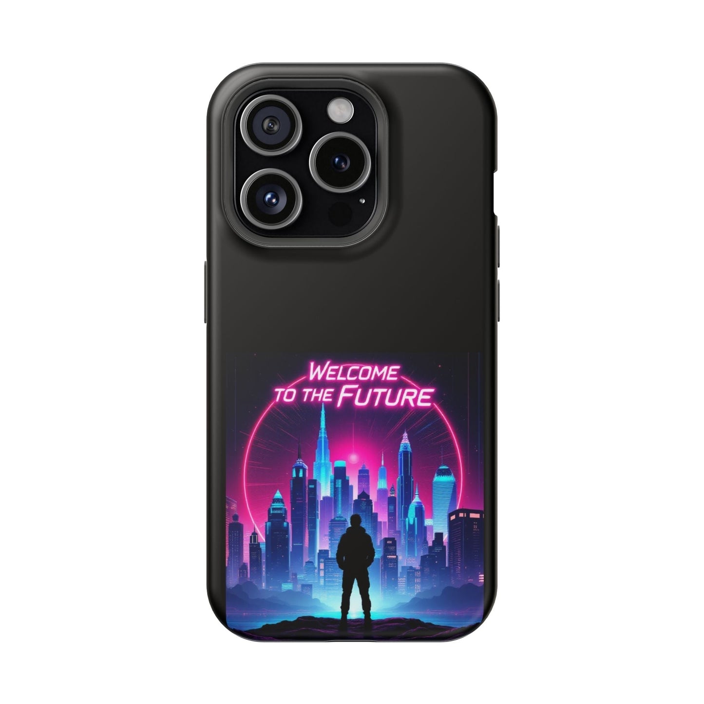 Futuristic Vibe iPhone Case with neon cityscape and "Welcome to the Future" text, durable MagSafe compatible design