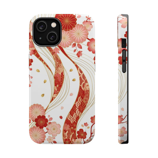 Golden Flower iPhone Case with vibrant red floral design and durable polycarbonate protection, MagSafe compatible