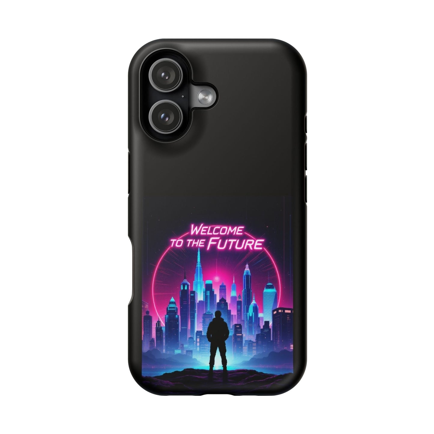 Black Futuristic Vibe iPhone Case with neon cityscape and "Welcome to the Future" text, MagSafe compatible and durable design