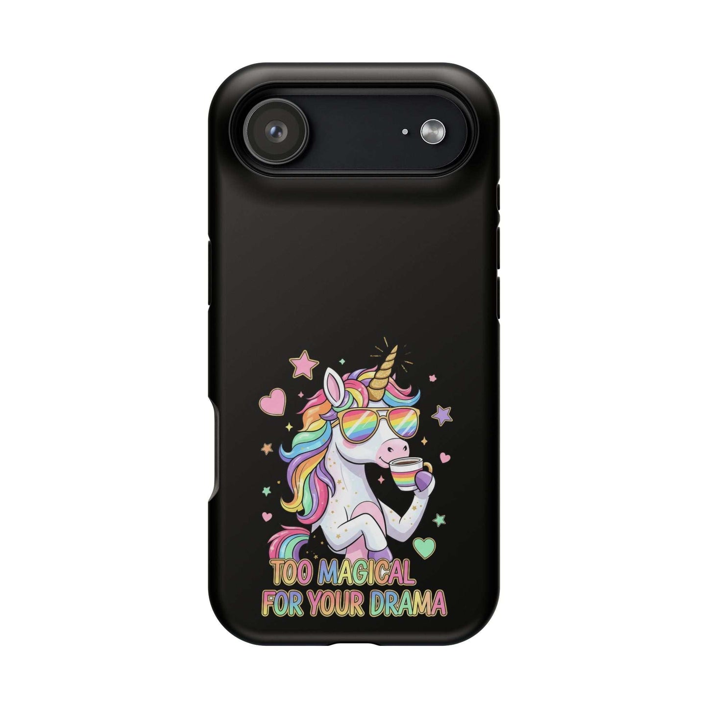 Black iPhone case with colorful unicorn and "Too Magical For Your Drama" text, impact-resistant polycarbonate protection, MagSafe compatible.