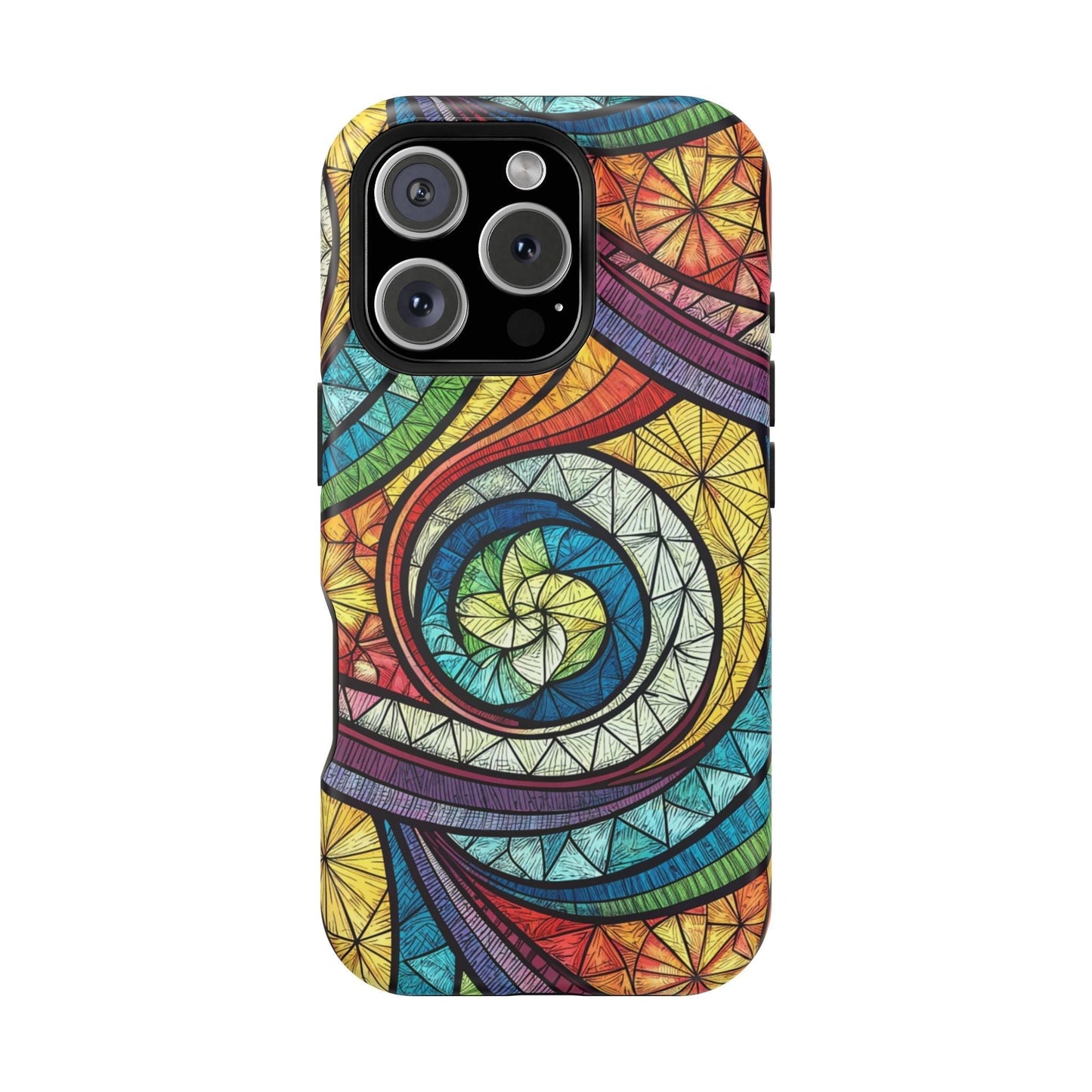Stained glass inspired rainbow swirl design iPhone case with vibrant, artistic pattern and durable protection.