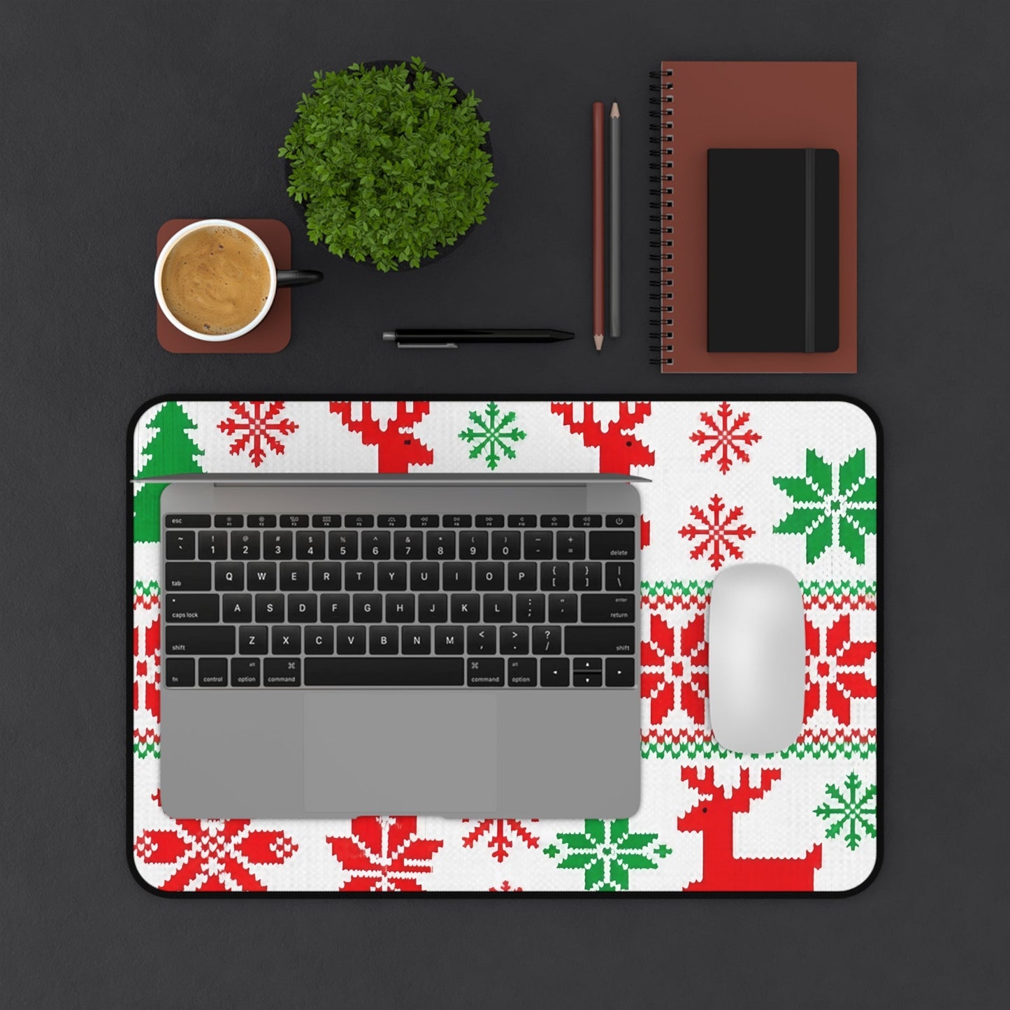Ugly Sweater Inspired Desk Mat with red and green festive patterns, non-slip and hemmed edges, ideal for holiday workspace decor