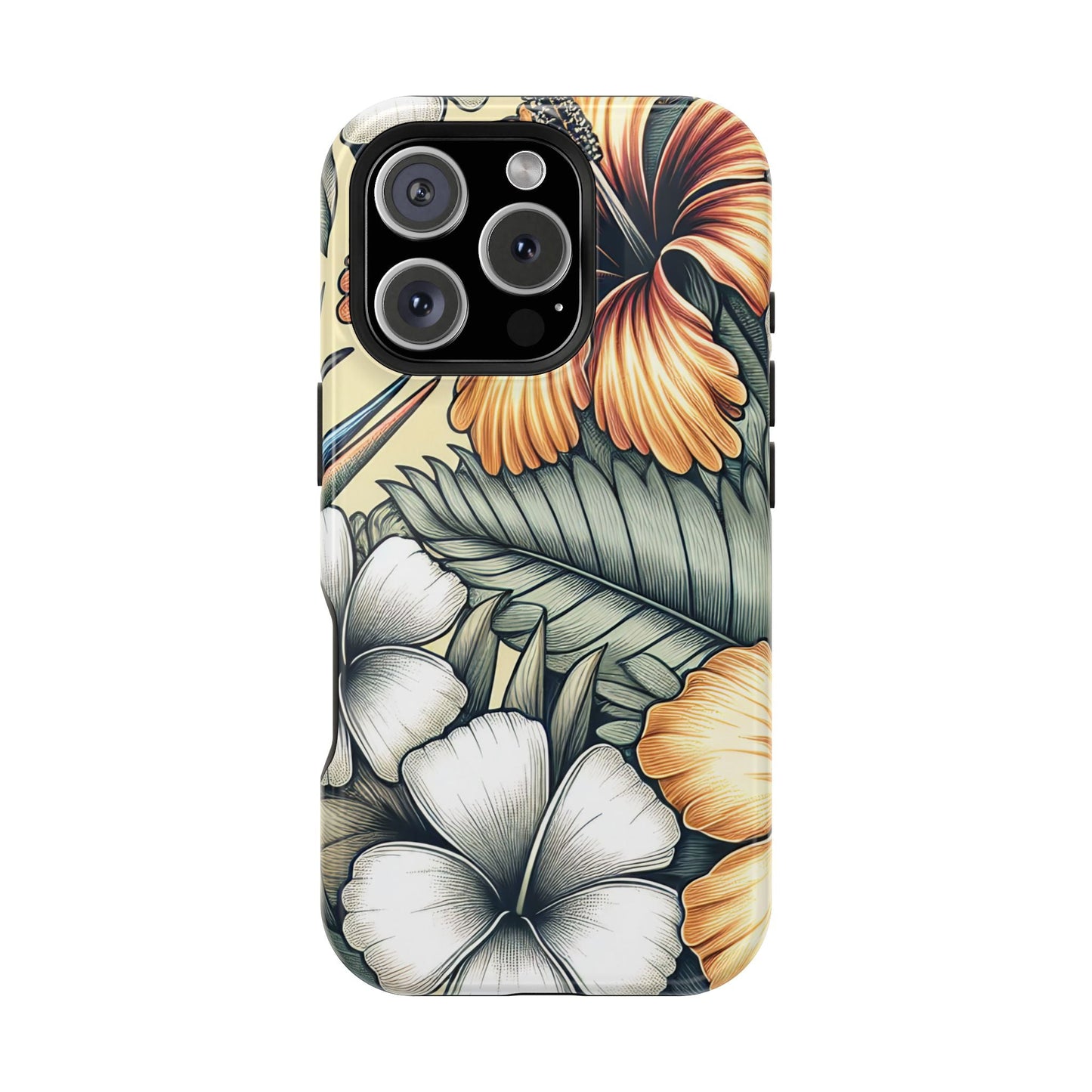 Golden Tropical Floral iPhone tough case with durable dual-layer protection and MagSafe compatibility