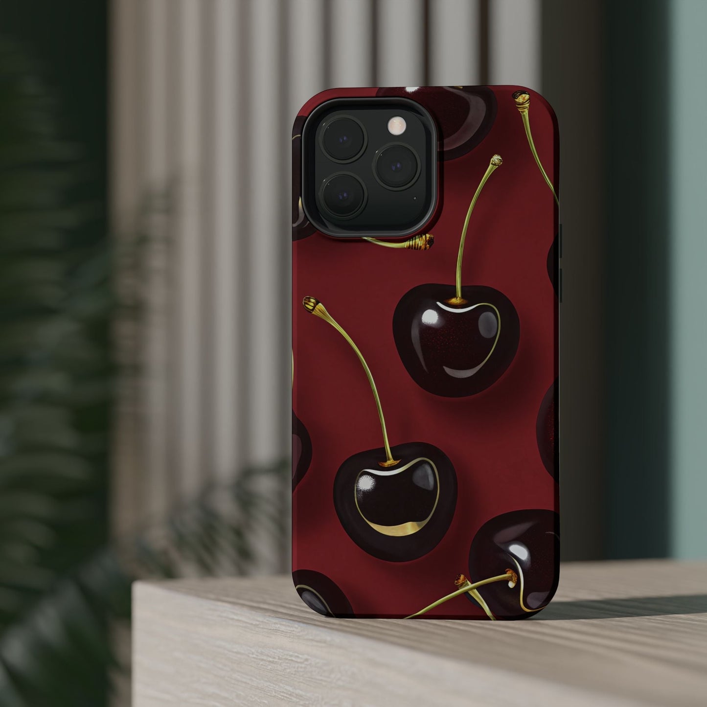 Cherry iPhone tough case with vibrant photo-realistic cherry design and dual-layer protective build, MagSafe compatible