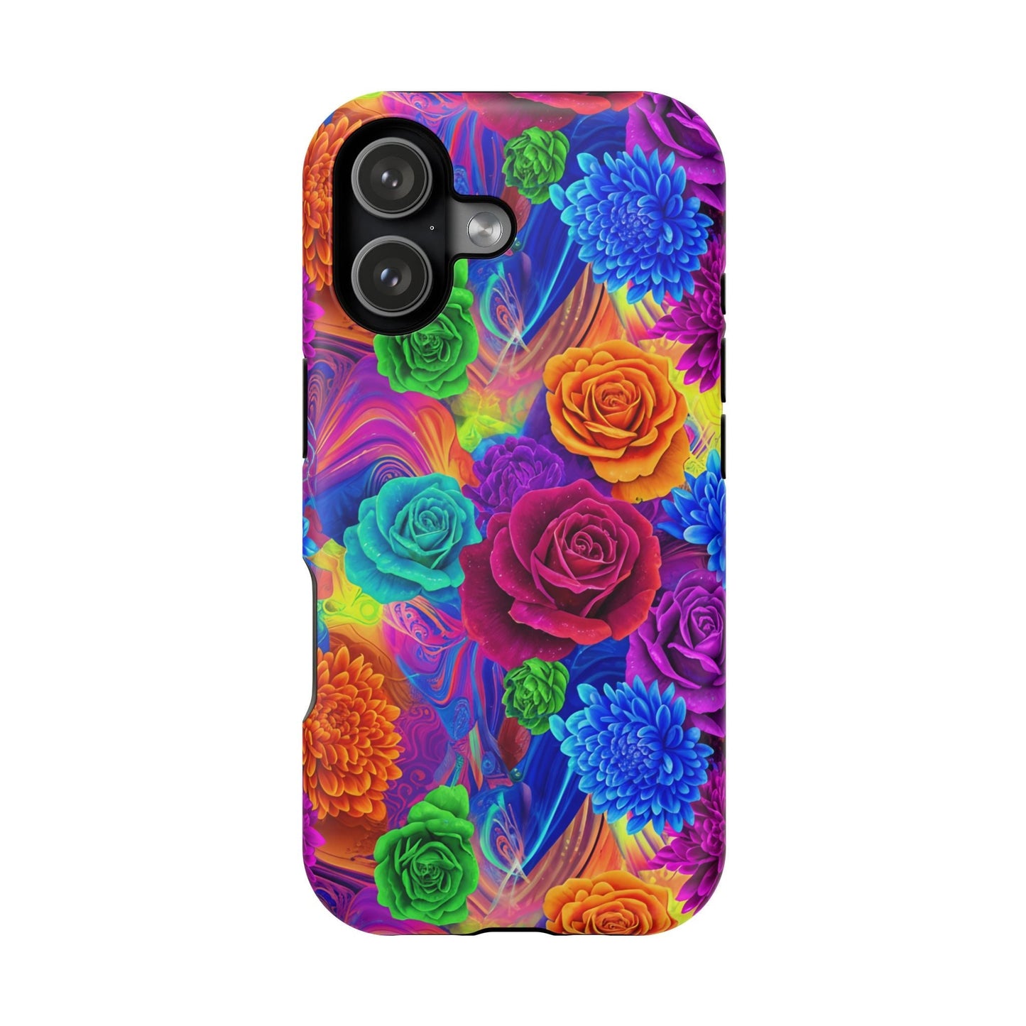 iPhone tough case with vibrant seamless floral pattern and impact-resistant dual-layer construction