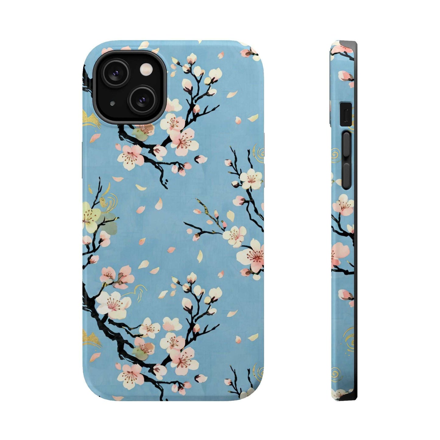 Spring Bloom iPhone Tough Case with floral design and MagSafe compatibility on blue background