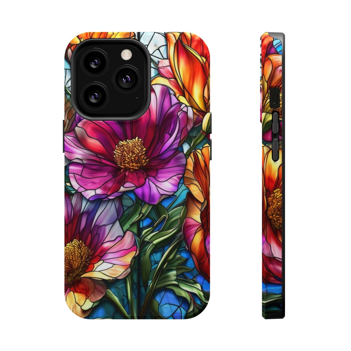 Durable MagSafe compatible iPhone case with vibrant purple and orange flower design and protective polycarbonate and TPU materials