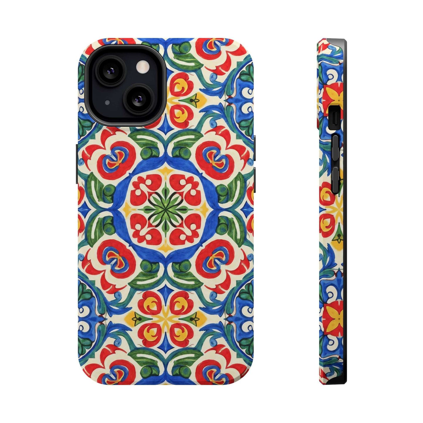 Mediterranean iPhone Case with colorful folk tile art pattern and MagSafe protection