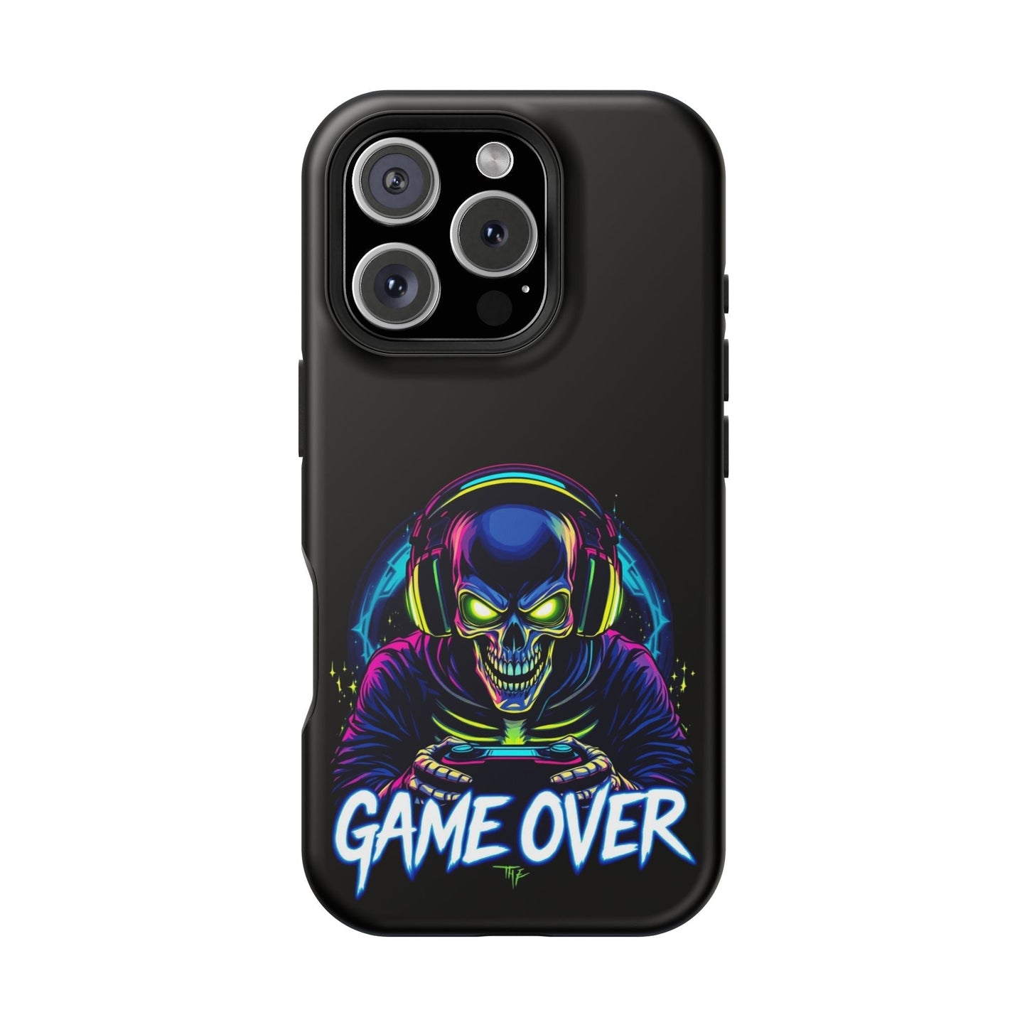 Game Over Gamer iPhone tough case with vibrant skull gaming design and MagSafe compatibility