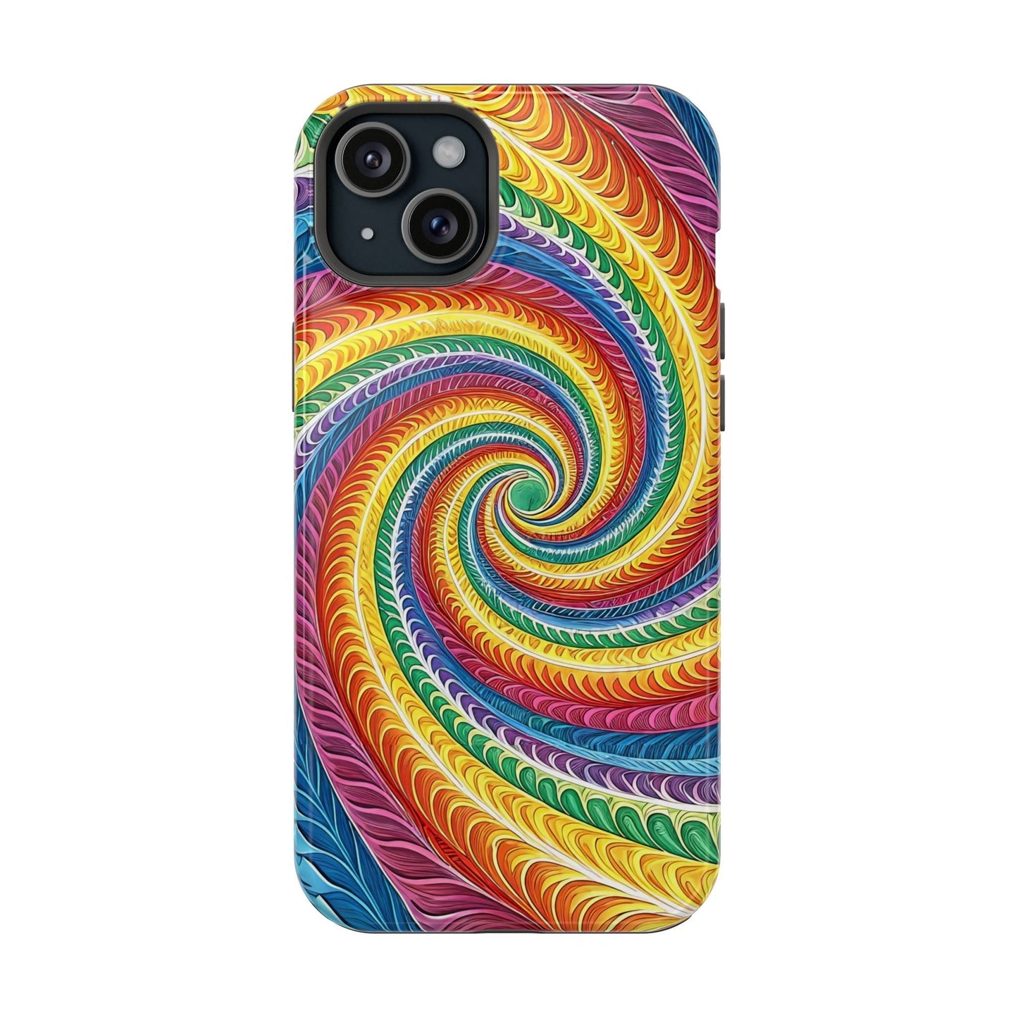 Rainbow swirl design tough iPhone case with vibrant colors and durable dual-layer protection, MagSafe compatible.