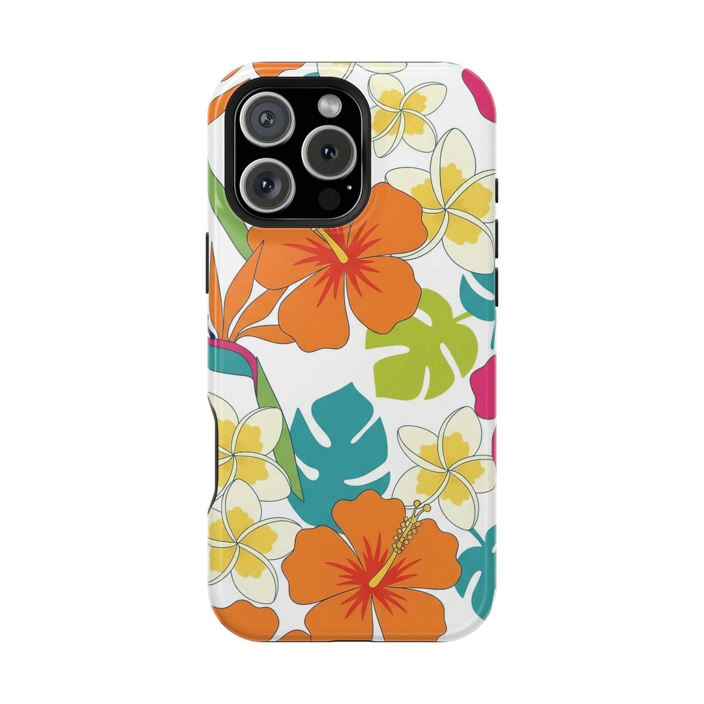 Orange floral iPhone case with impact-resistant dual-layer design and MagSafe compatibility