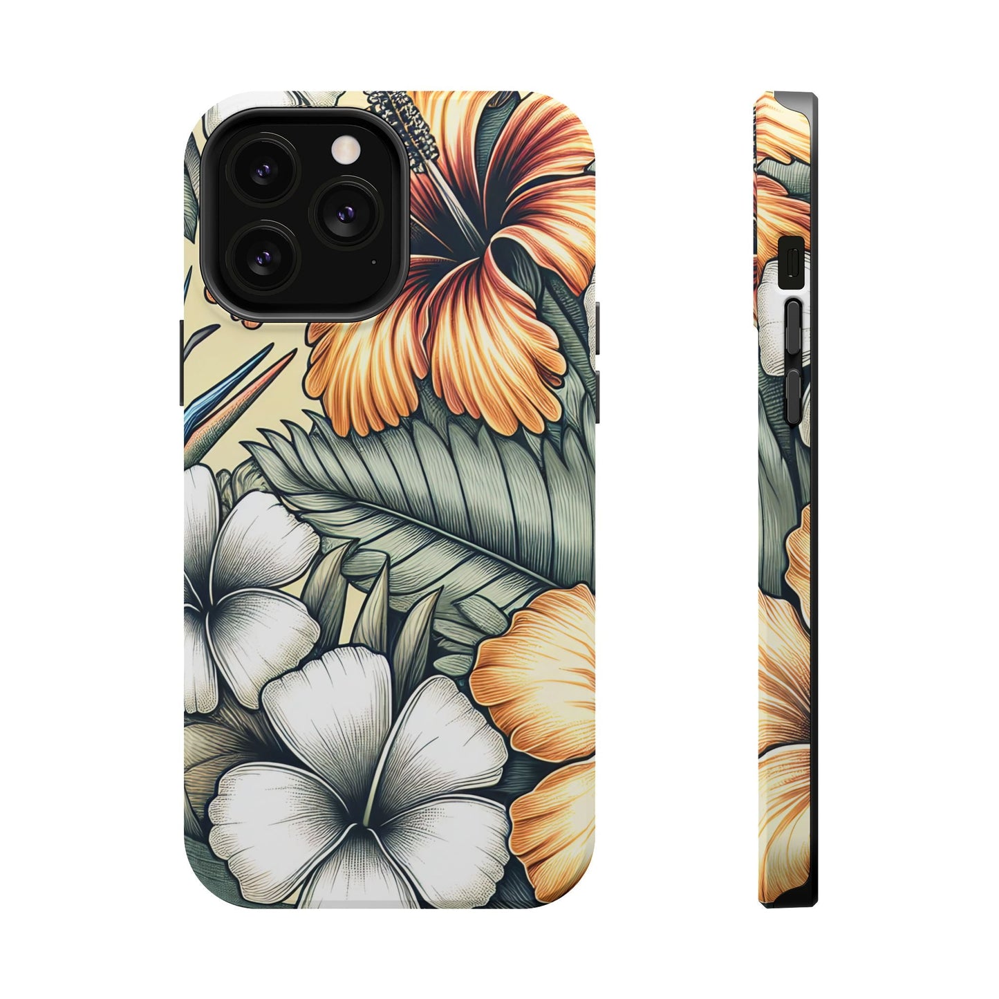 Golden Tropical Floral iPhone tough case with durable dual-layer protection and MagSafe compatibility