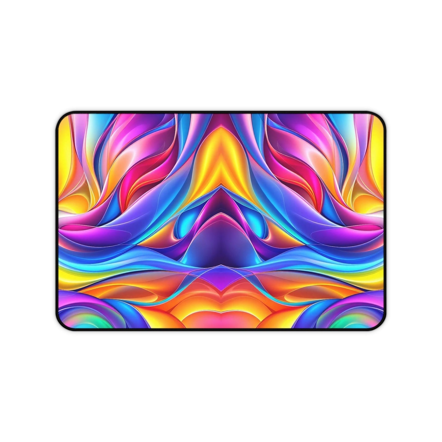 Modern Rainbow Waves desk mat with vibrant, colorful abstract wave pattern and non-slip hemmed edges for stylish workspace use