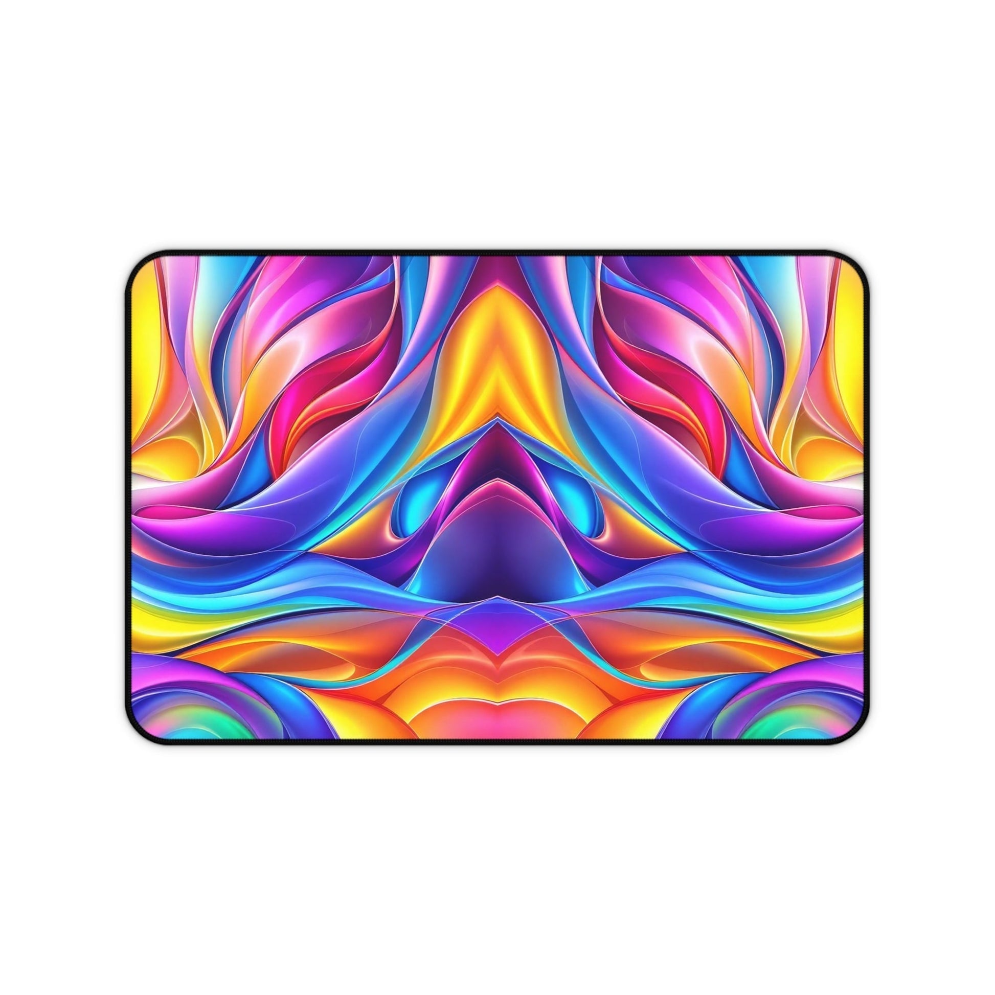 Modern Rainbow Waves desk mat with vibrant, colorful abstract wave pattern and non-slip hemmed edges for stylish workspace use
