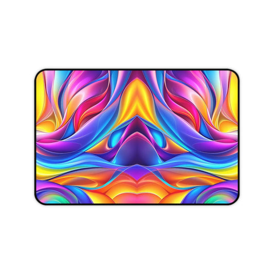 Modern Rainbow Waves desk mat with vibrant, colorful abstract wave pattern and non-slip hemmed edges for stylish workspace use