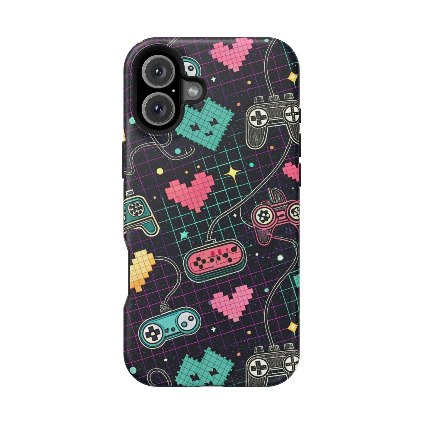 Retro Gamer Inspired dual-layer iPhone case with vintage game controllers and pixel hearts in vibrant colors, compatible with MagSafe.