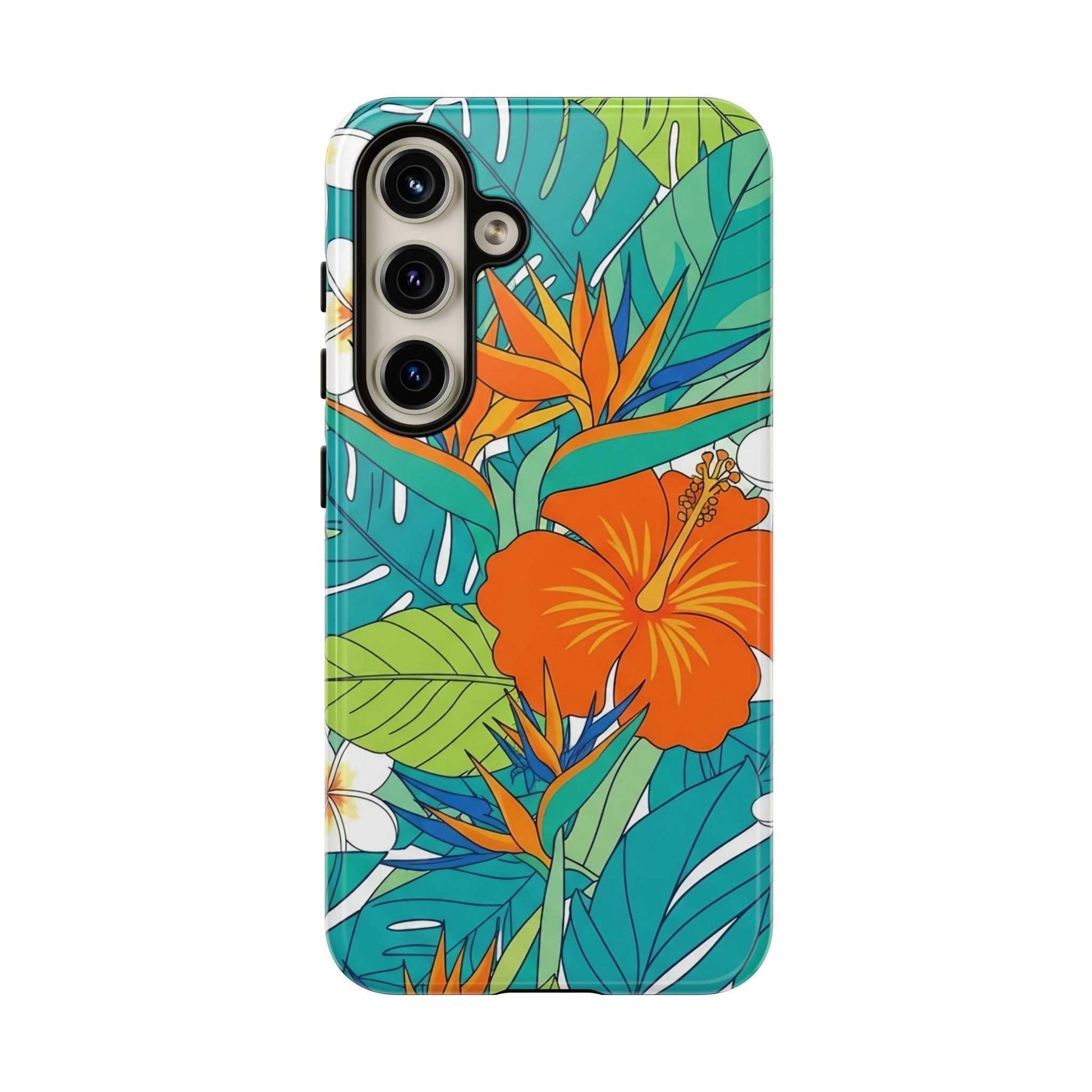 Vibrant floral Samsung case with durable dual-layer protection and shock absorption, featuring bright tropical flower design.