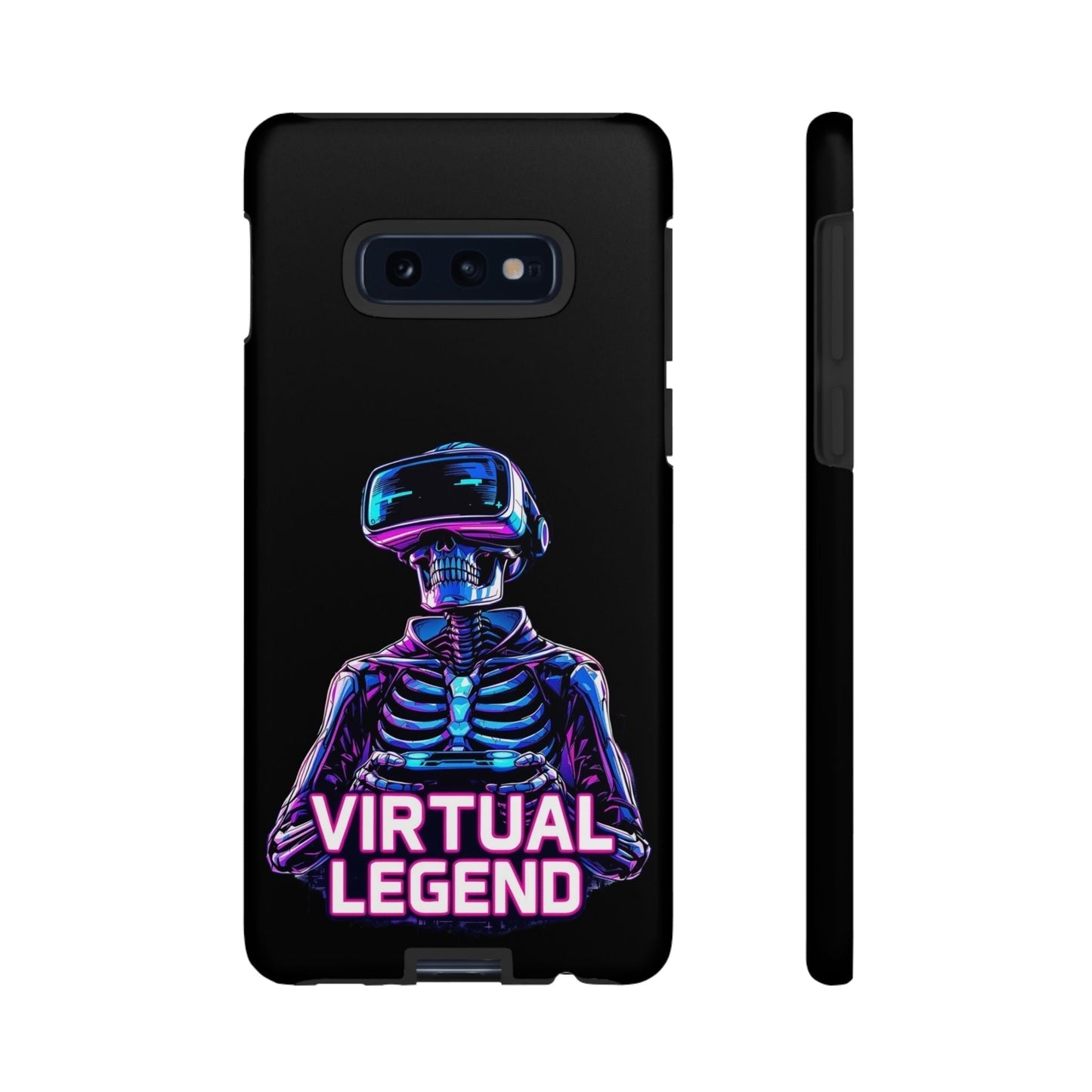 Black shockproof phone case with neon skeleton gamer and "Virtual Legend" text design