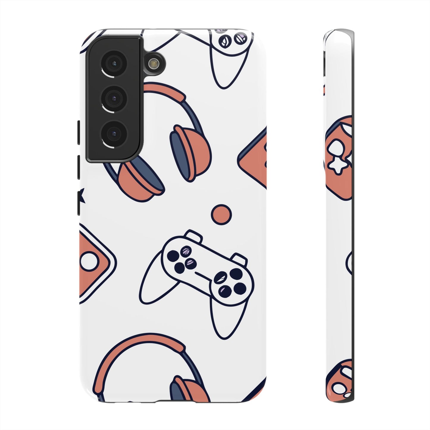 Samsung phone case with gamer design featuring controllers and headphones, durable and impact-resistant Gamer Tough Phone Case for Galaxy S series.