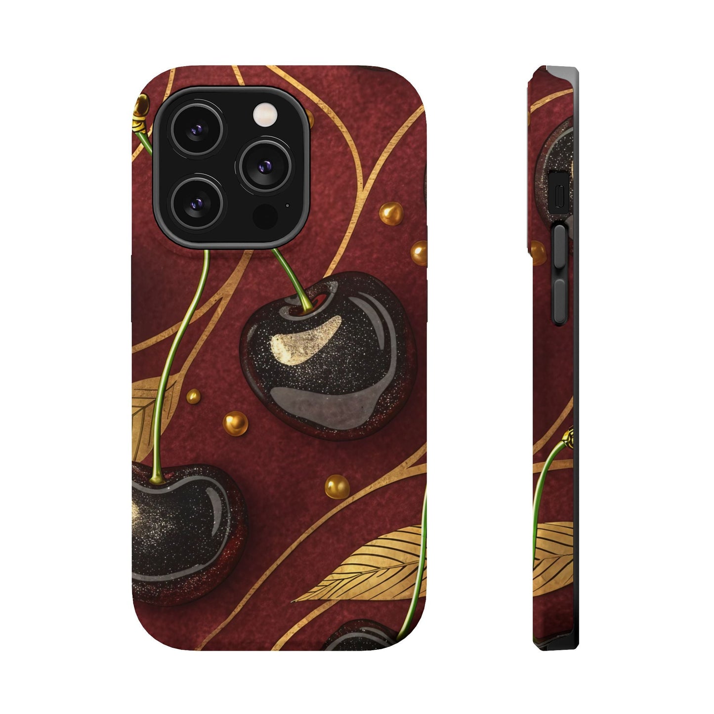 Golden Cherry iPhone Tough Case with vibrant cherry-gold design, durable dual-layer protection, and MagSafe compatibility