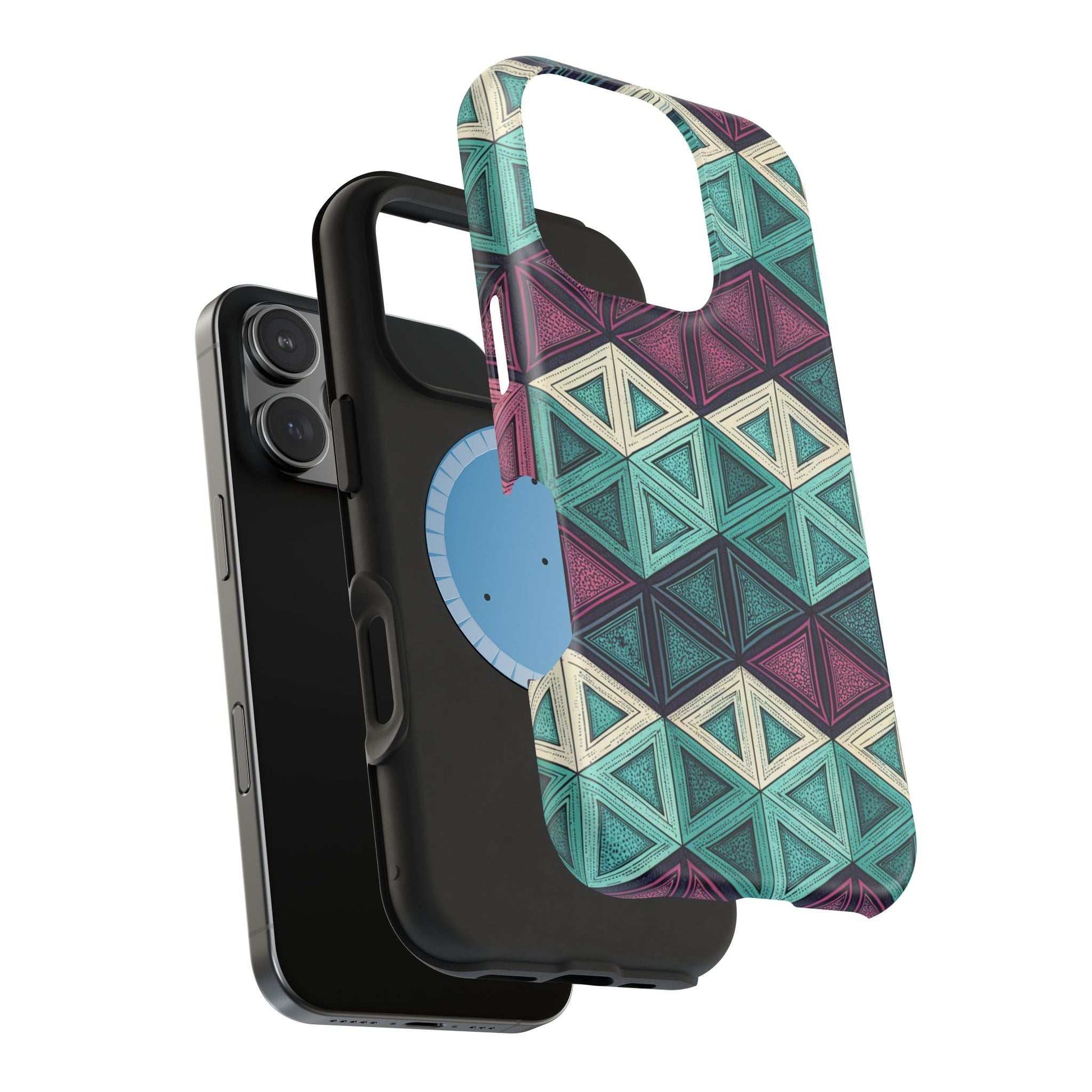 Purple and teal abstract geometric pattern magnetic iPhone tough case with MagSafe compatibility and dual-layer protection