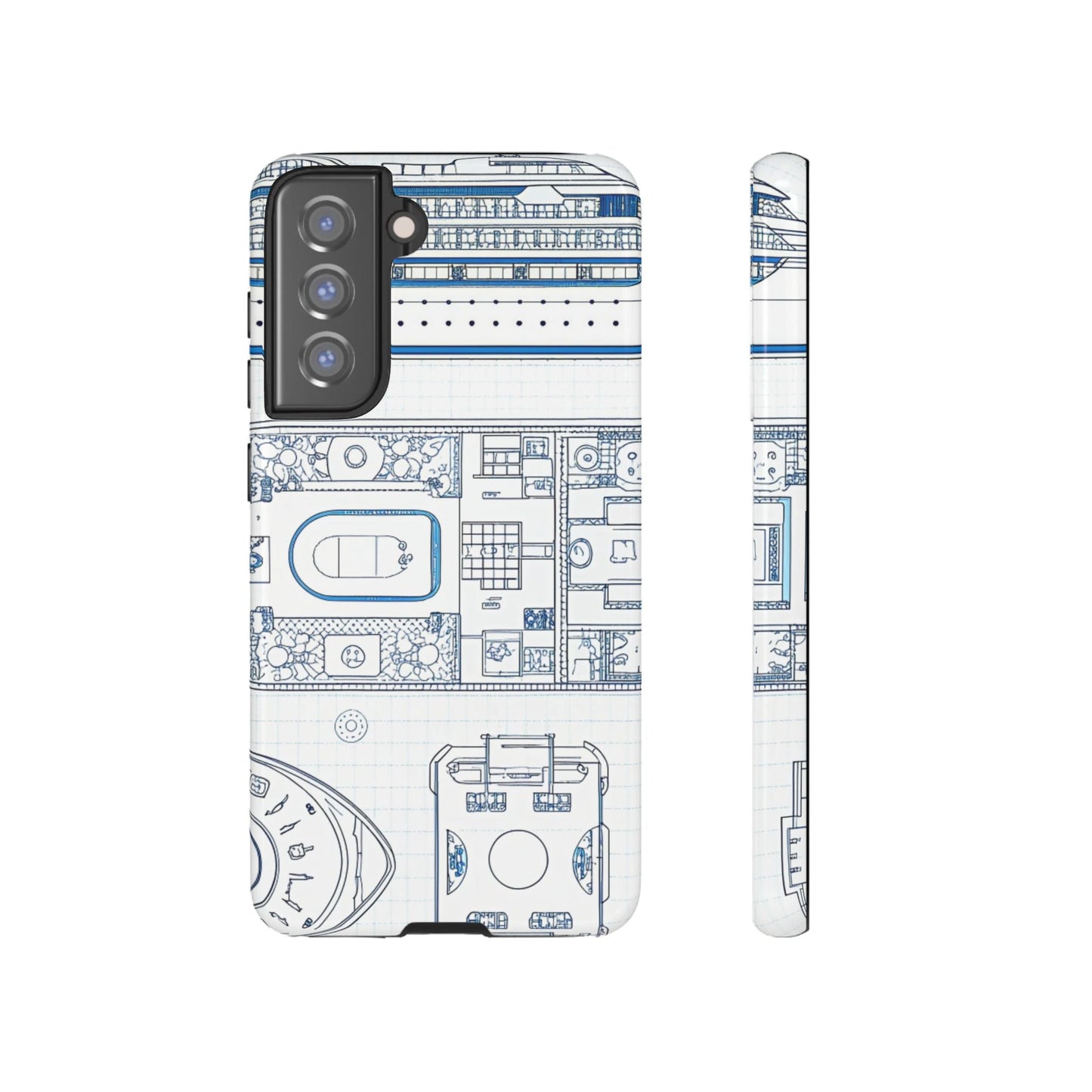 Samsung phone case with detailed cruise ship design blueprint print, durable and protective for travel enthusiasts