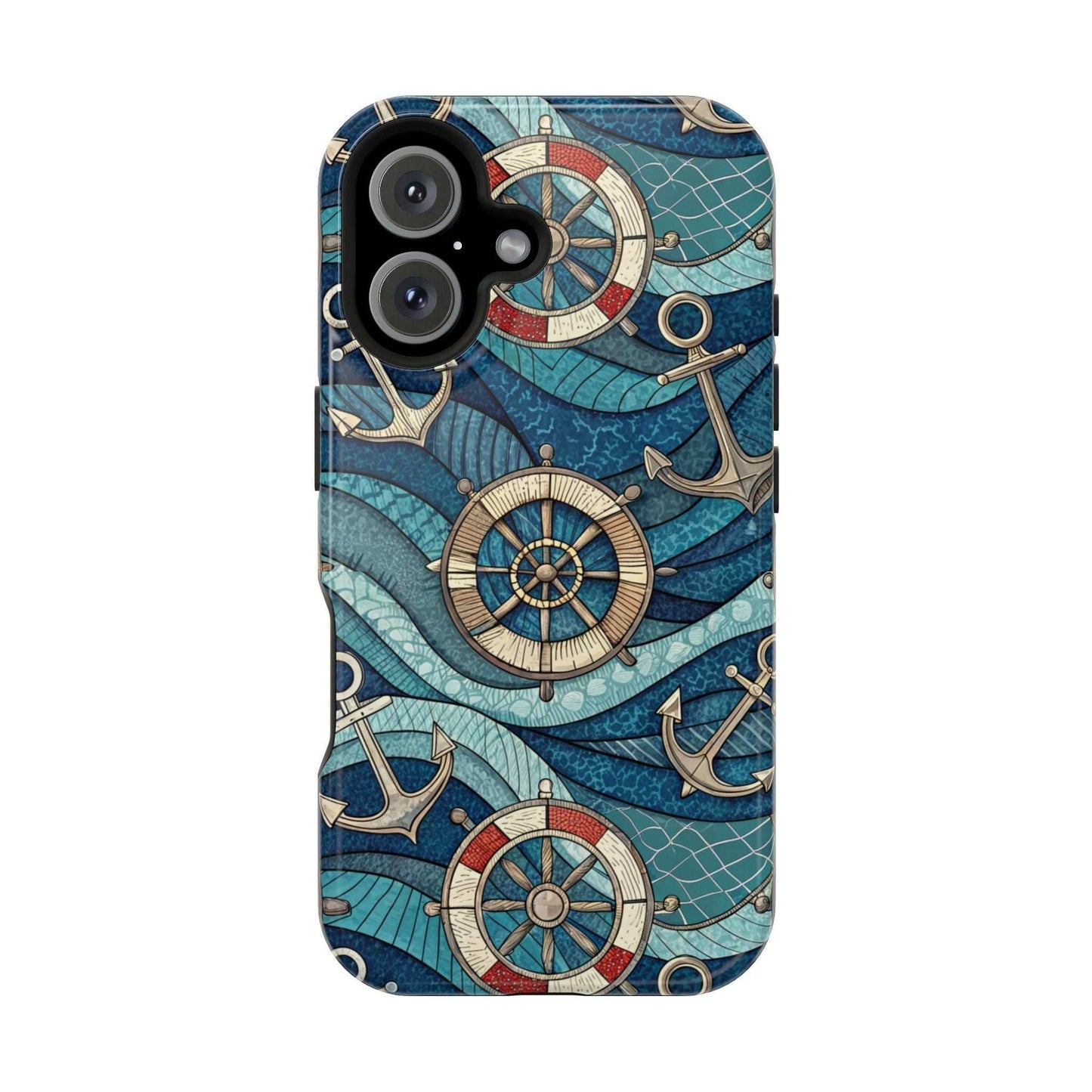 Nautical Theme iPhone case with anchors and ship wheels in blue waves design for phone protection