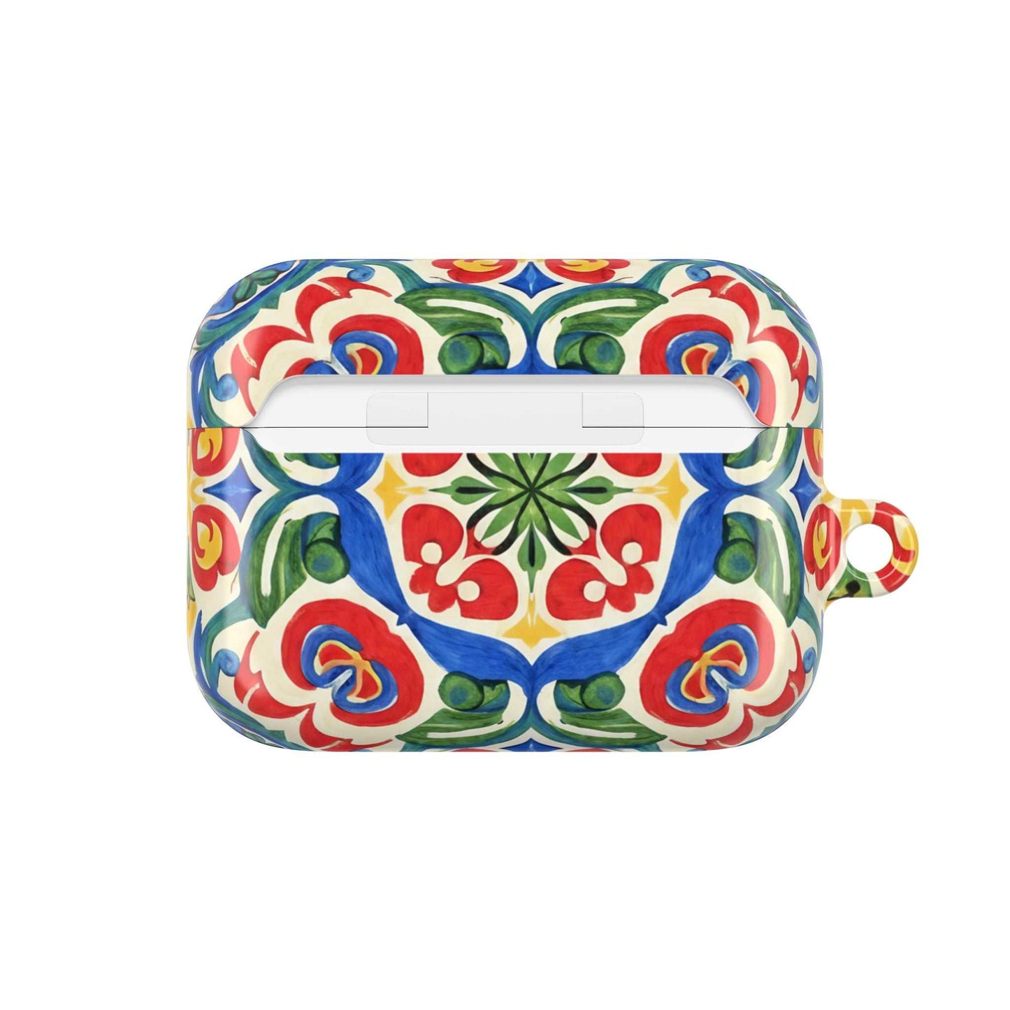Hand-painted Mediterranean folk tile design AirPods case with vibrant blues, terracotta, and cream colors and carabiner clip.