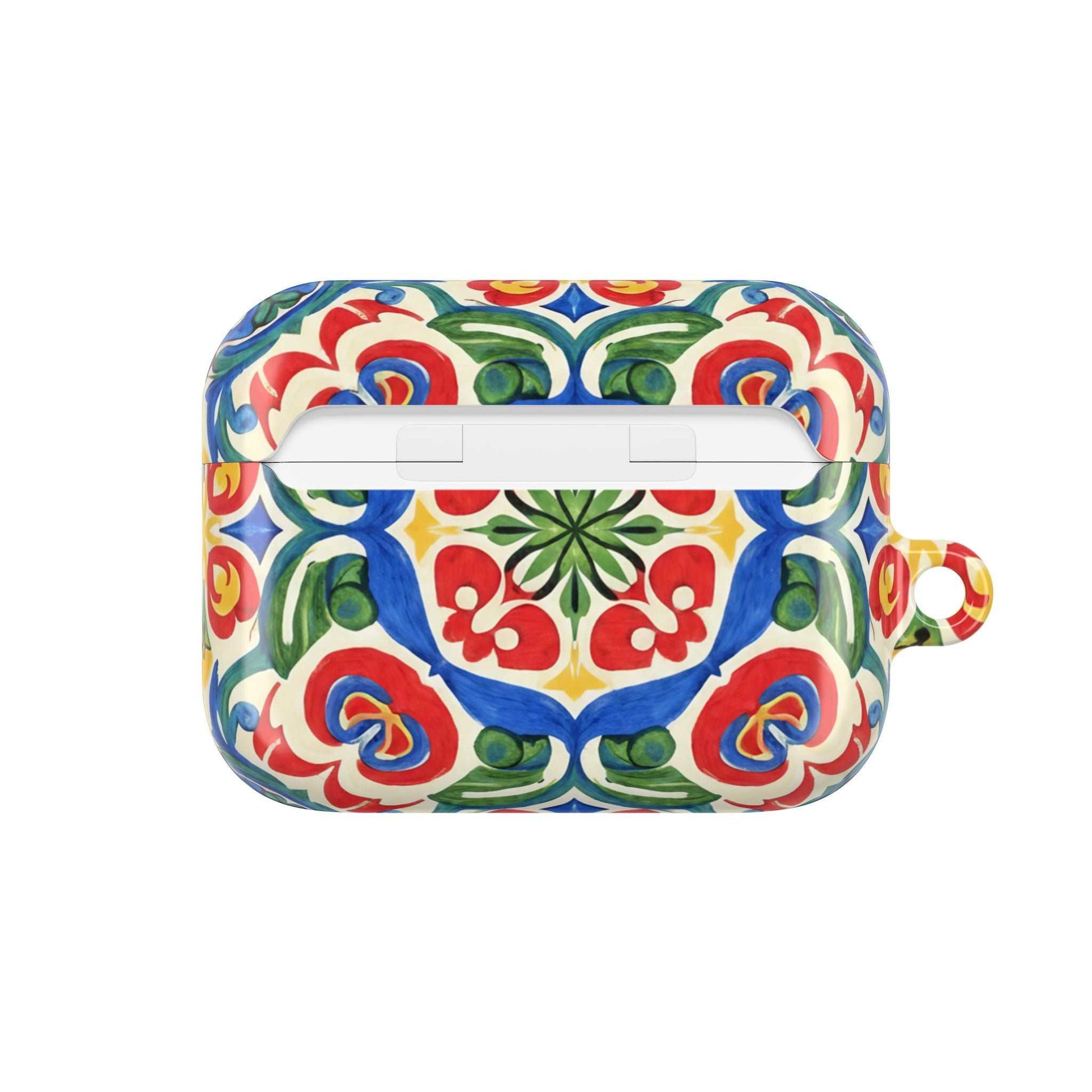 Hand-painted Mediterranean folk tile design AirPods case with vibrant blues, terracotta, and cream colors and carabiner clip.