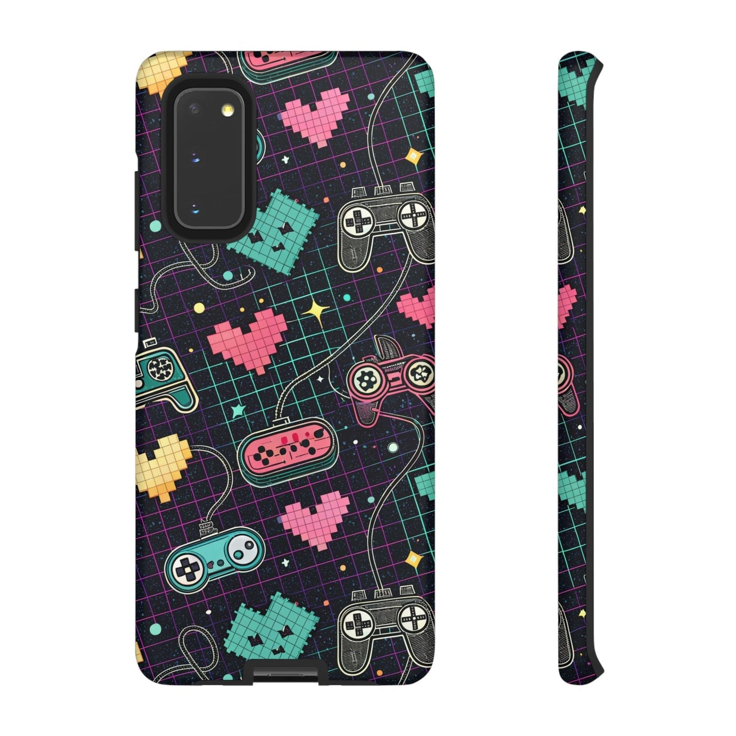 Retro Gamer Tough Case for Samsung Galaxy with colorful pixelated game controllers and hearts design, durable and impact-resistant phone cover.