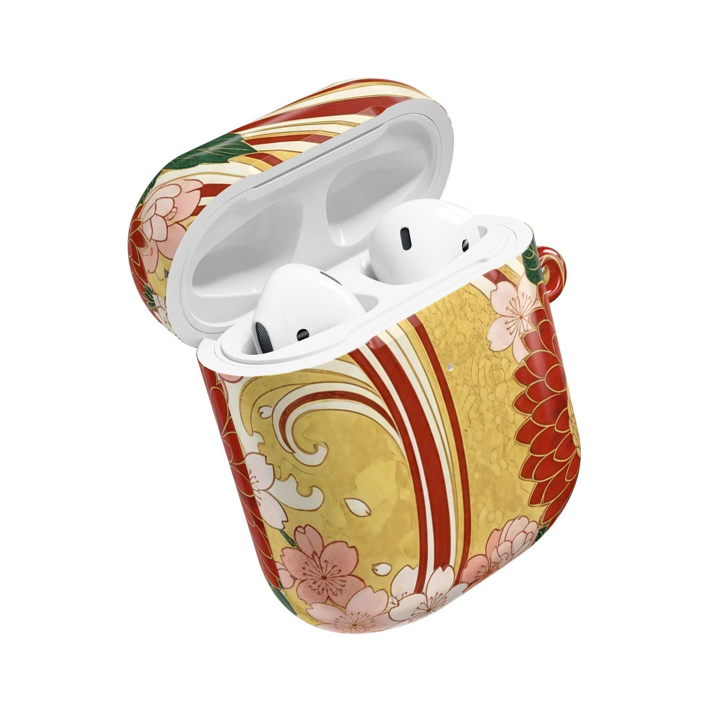Japanese floral gold chrysanthemum AirPod case with gloss finish and carabiner.