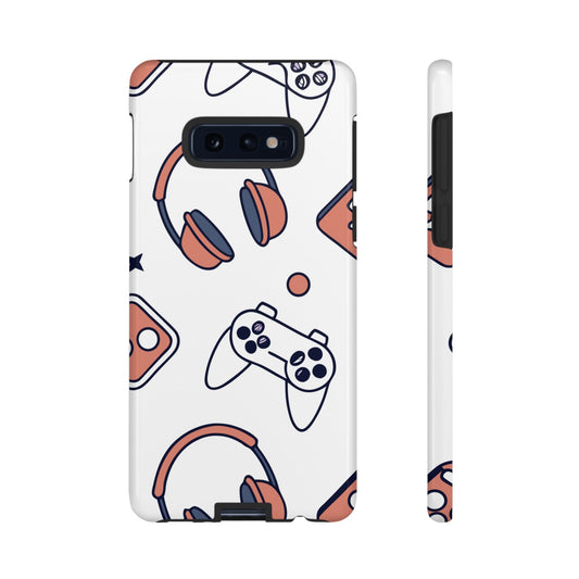 Gamer tough phone case for Samsung with durable, impact-resistant design featuring gaming controllers and headphones pattern.