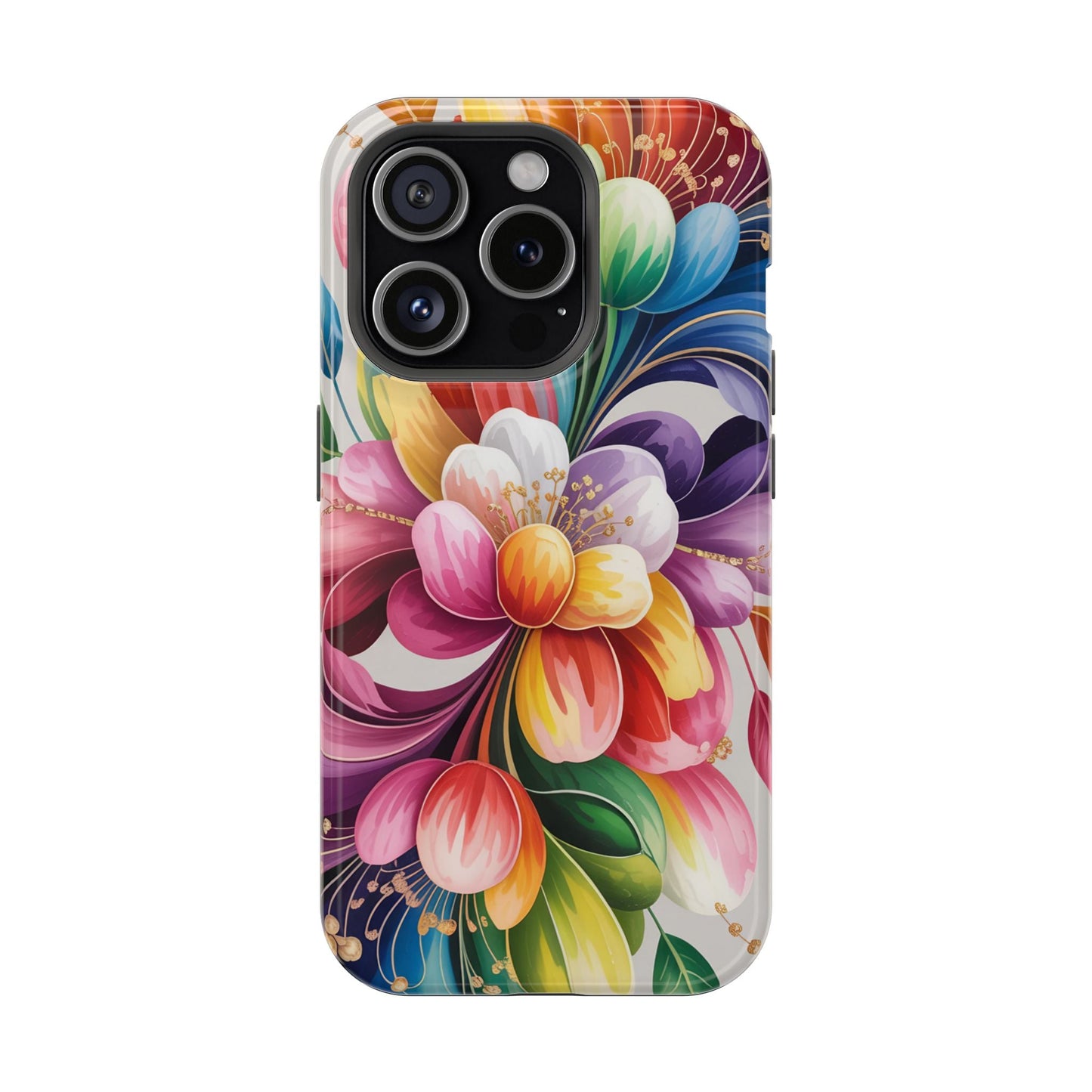 Vibrant floral iPhone case with dual-layer protection and MagSafe compatibility in bright, detailed colors
