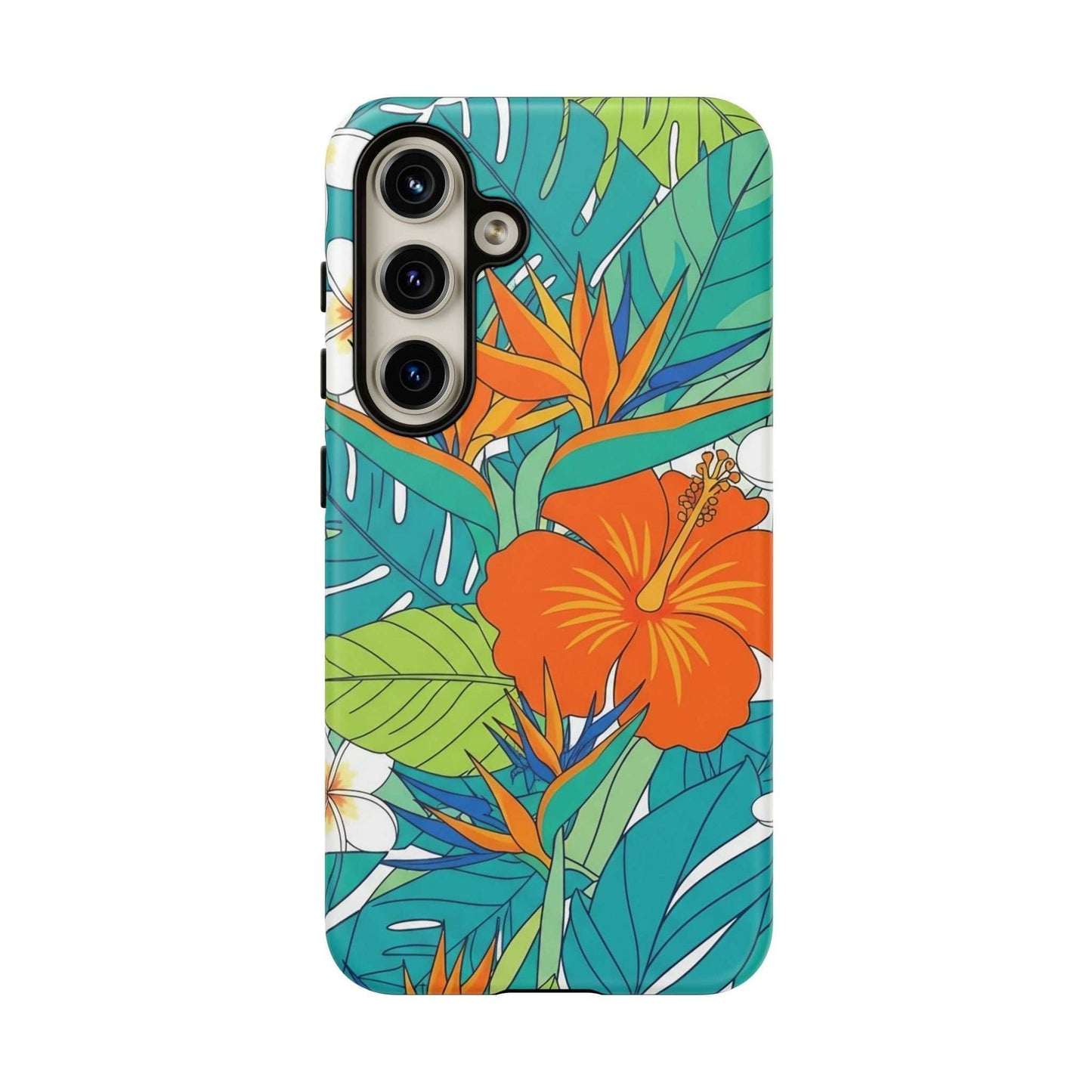 Vibrant floral Samsung phone case with tropical hibiscus design and durable dual-layer protection