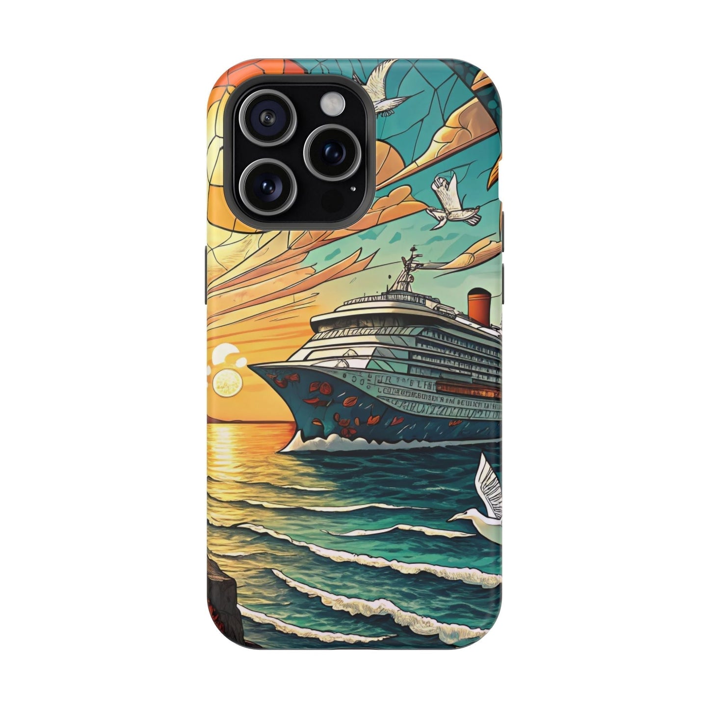 Cruise Vacation iPhone tough case with vibrant cruise ship and ocean sunset design, durable dual-layer protection with MagSafe support