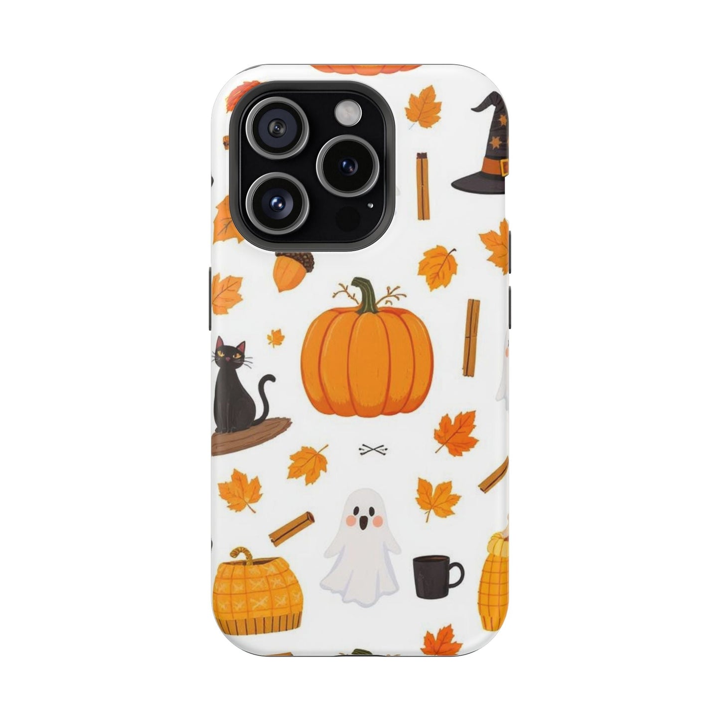 Halloween Pumpkins iPhone case with pumpkins, ghosts, autumn leaves, and MagSafe compatibility