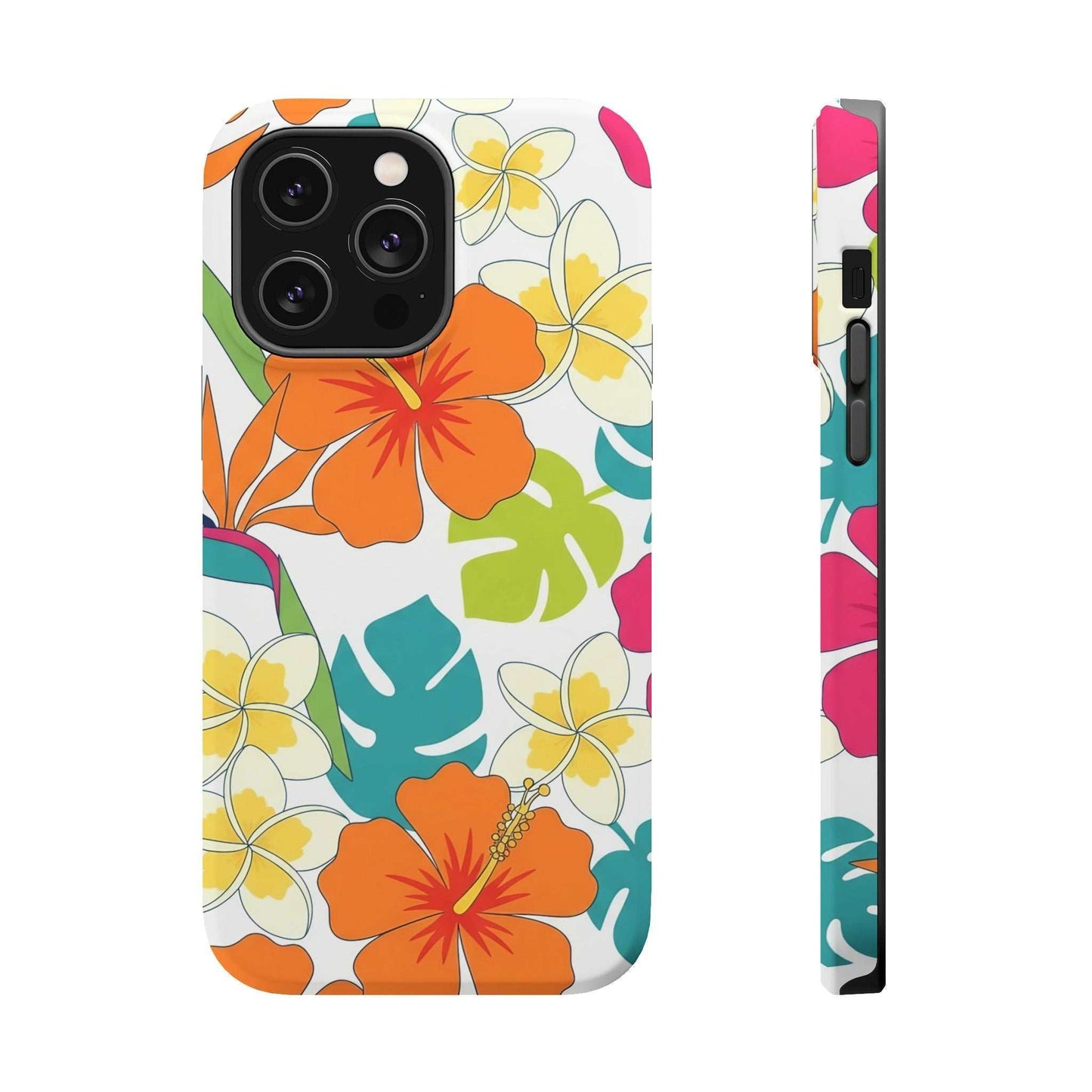 Floral iPhone case with vibrant orange and yellow flowers, durable dual-layer protection, and MagSafe compatibility.