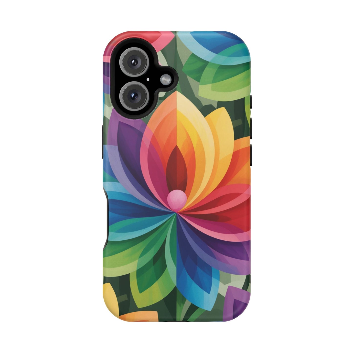 Colorful rainbow flower iPhone case with magnetic tough dual-layer protection and vibrant full-wrap print design
