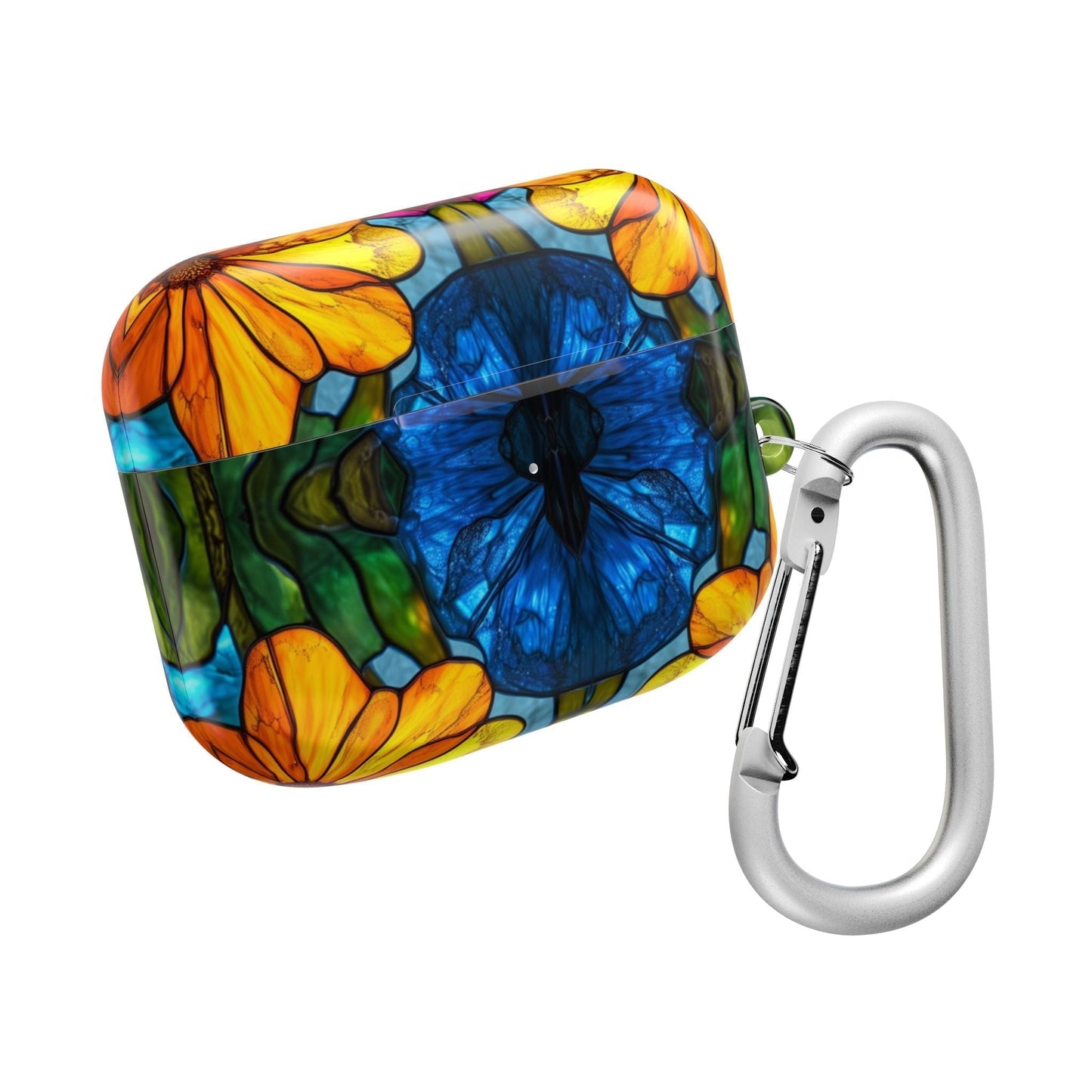 Floral AirPods case with vibrant yellow and blue flower design and attached silver carabiner clip