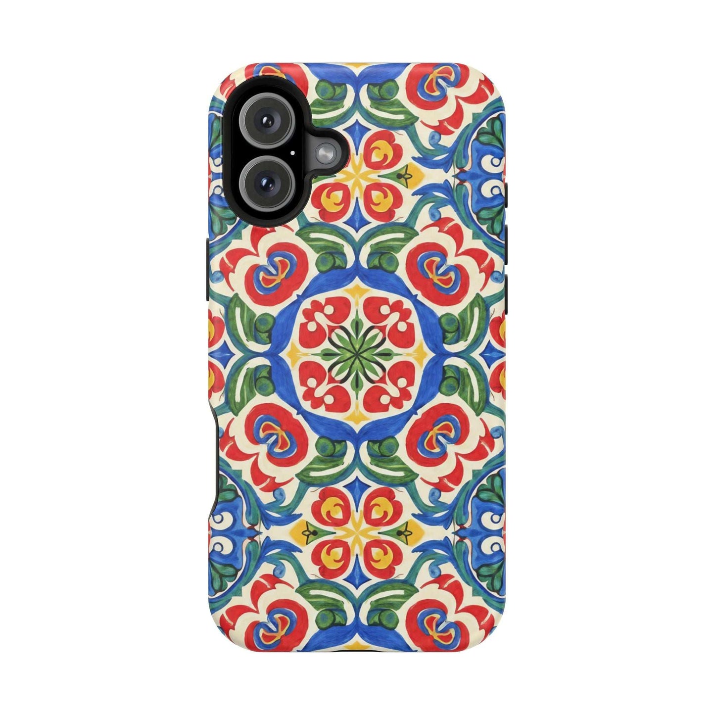 Mediterranean iPhone case with hand-painted Spanish ceramic folk tile pattern in blue, red, green, and cream colors, impact-resistant and MagSafe compatible