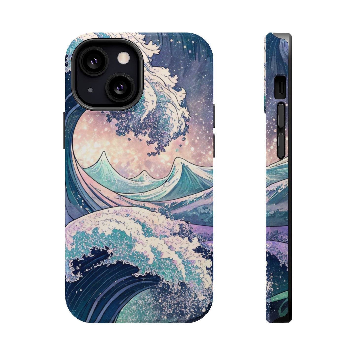 iPhone tough case with crashing waves design, durable dual-layer polycarbonate protection, glossy or matte finish, and built-in MagSafe magnet.