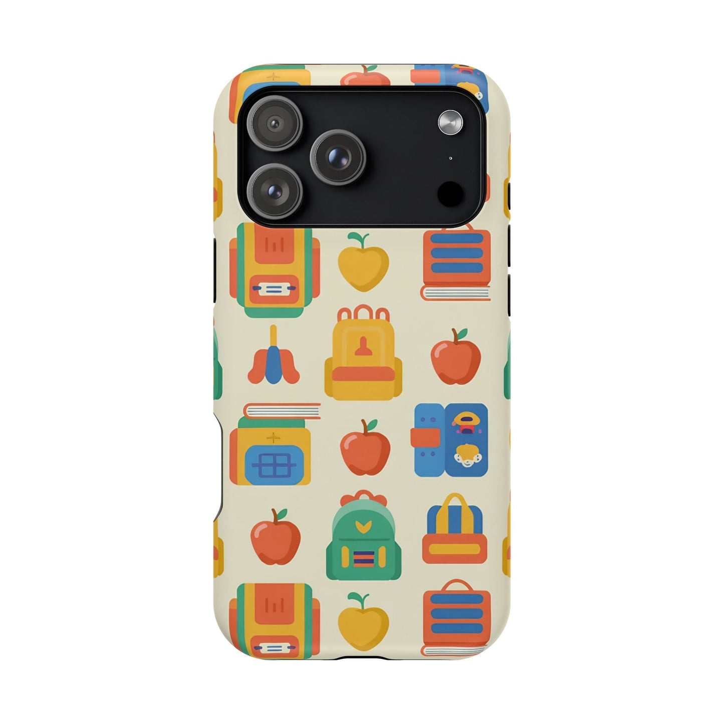 Back to School Phone Case with colorful school supplies pattern for iPhone, durable dual-layer protection, glossy finish, MagSafe compatible