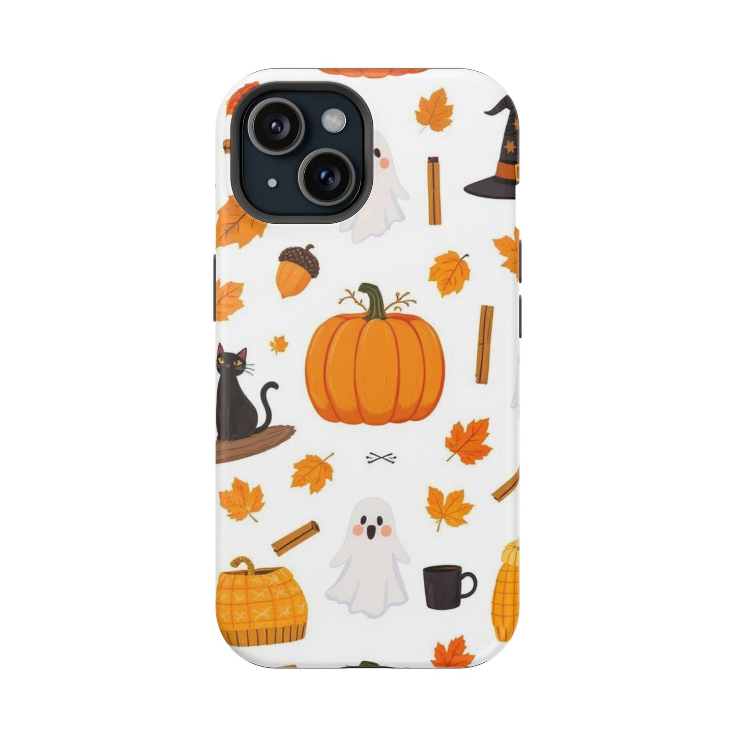 Halloween Pumpkins iPhone case with festive pumpkins, ghosts, leaves, and Halloween-themed icons for durable phone protection.