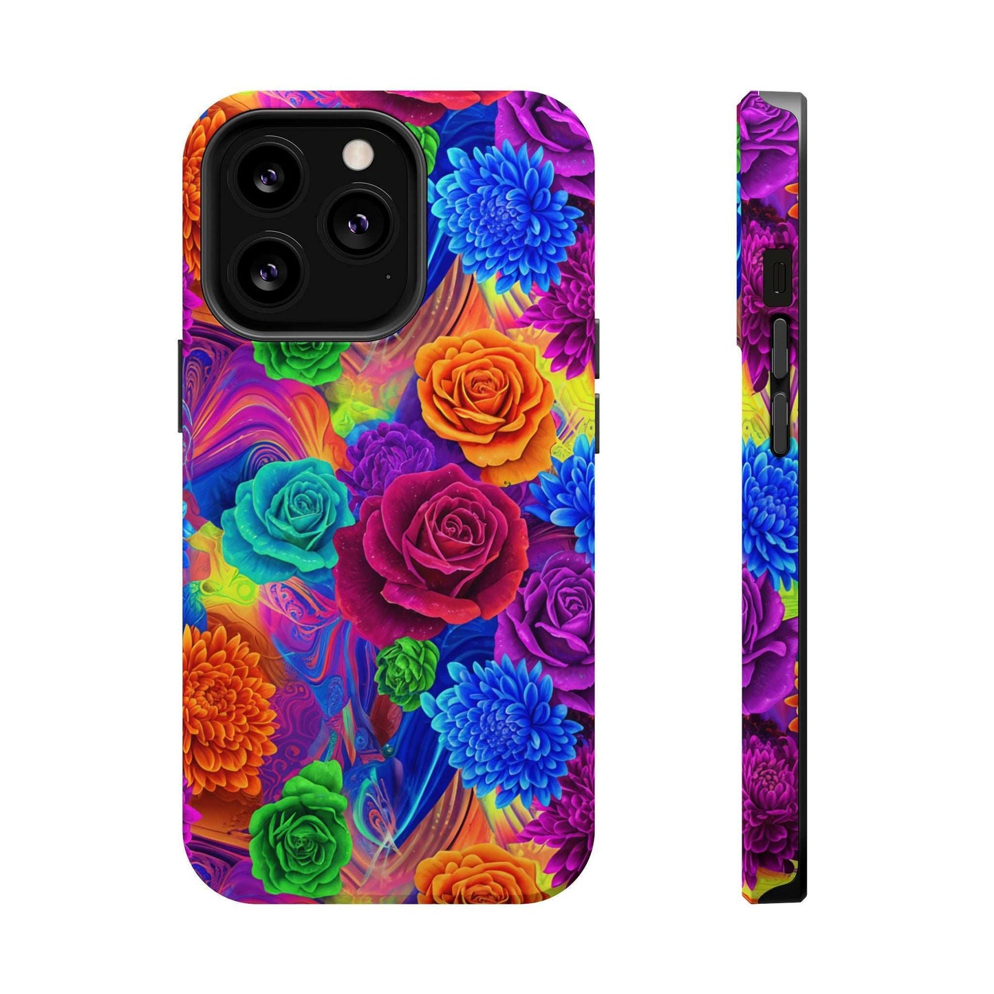 Colorful floral iPhone tough case with MagSafe compatibility and durable protective design