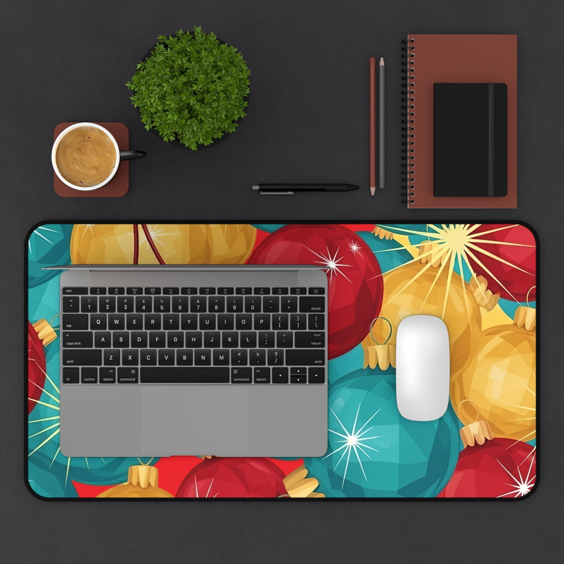 Holiday-themed desk mat with vibrant red, gold, and teal Christmas tree bulb design for festive workspace decor