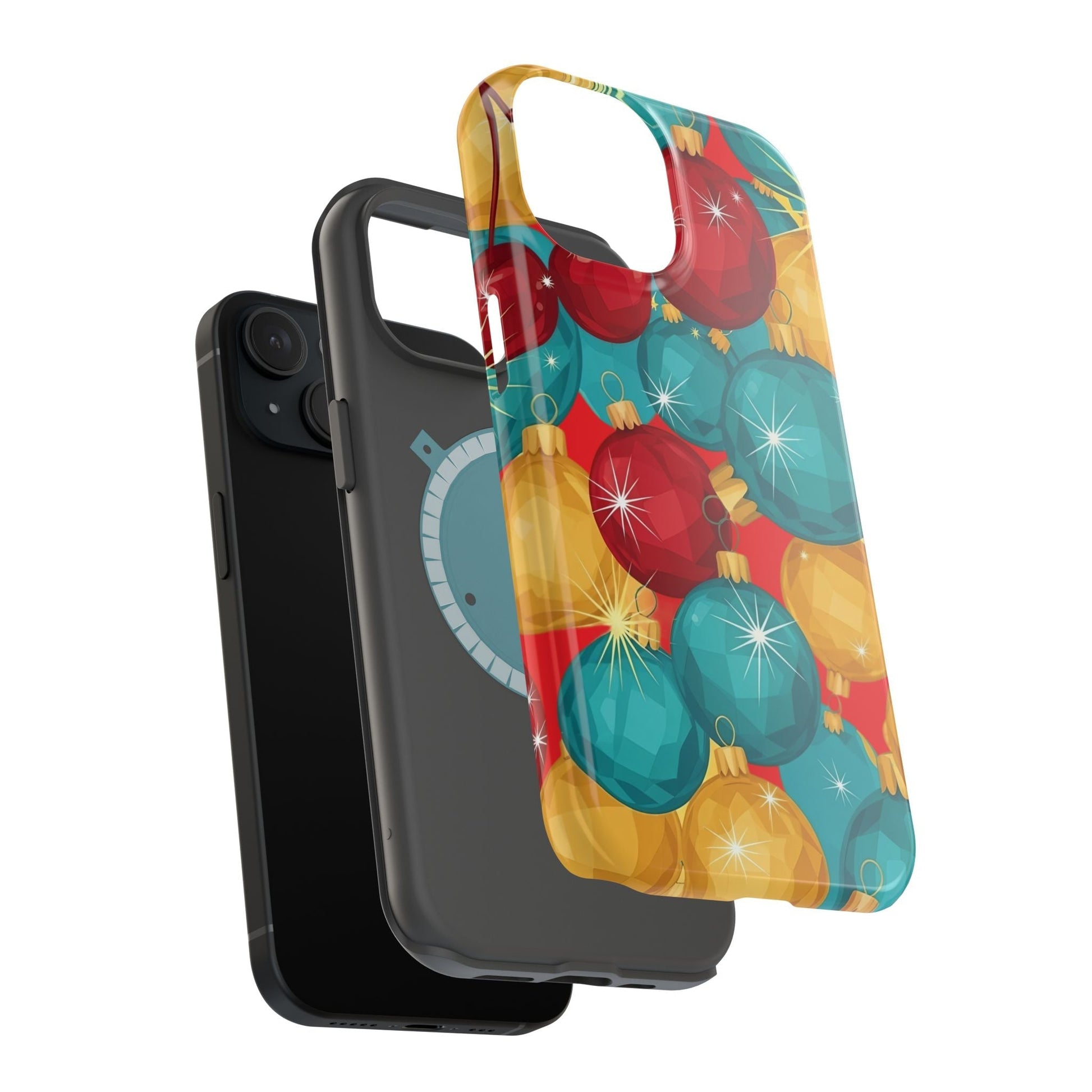 Christmas Tree Sparkle Bulbs iPhone case with colorful festive bulbs design, dual-layer protection, and MagSafe compatibility