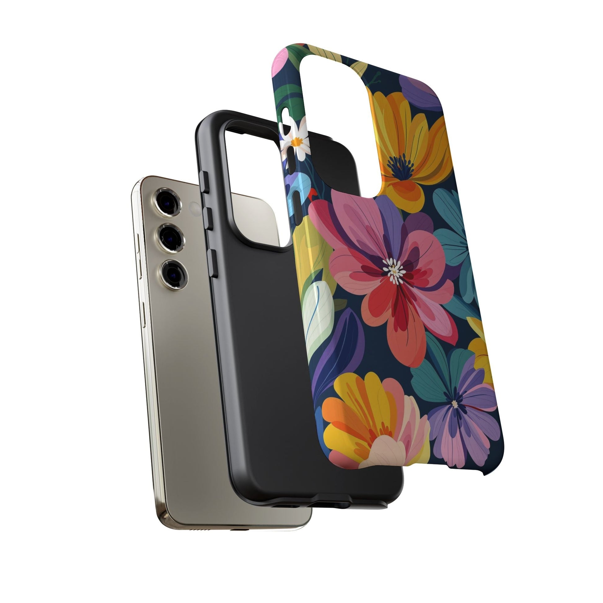 Colorful floral Samsung phone case with vibrant flower design and shock-absorbing silicone liner for protection