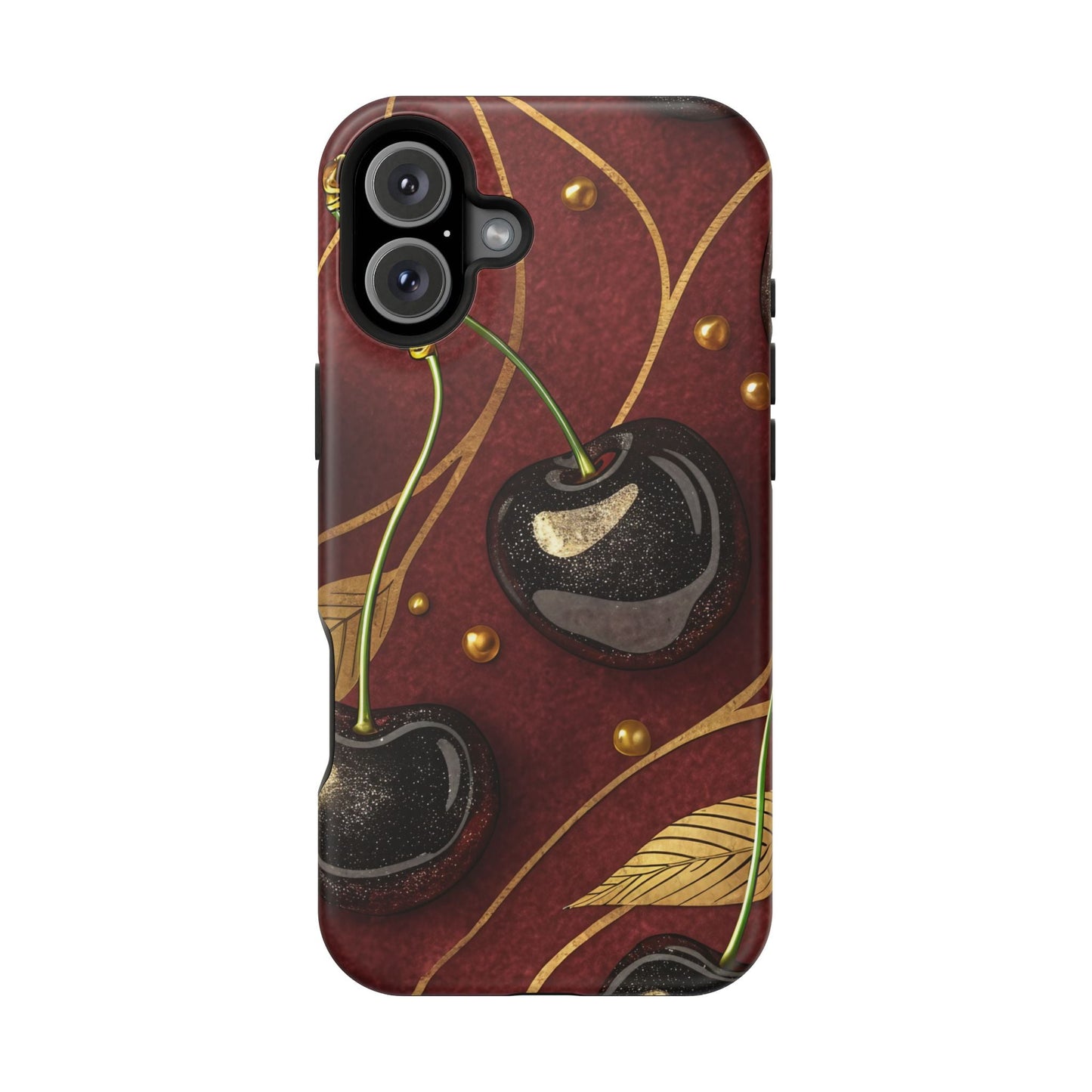 Golden Cherry iPhone Tough Case with vibrant cherry-gold design and MagSafe compatibility